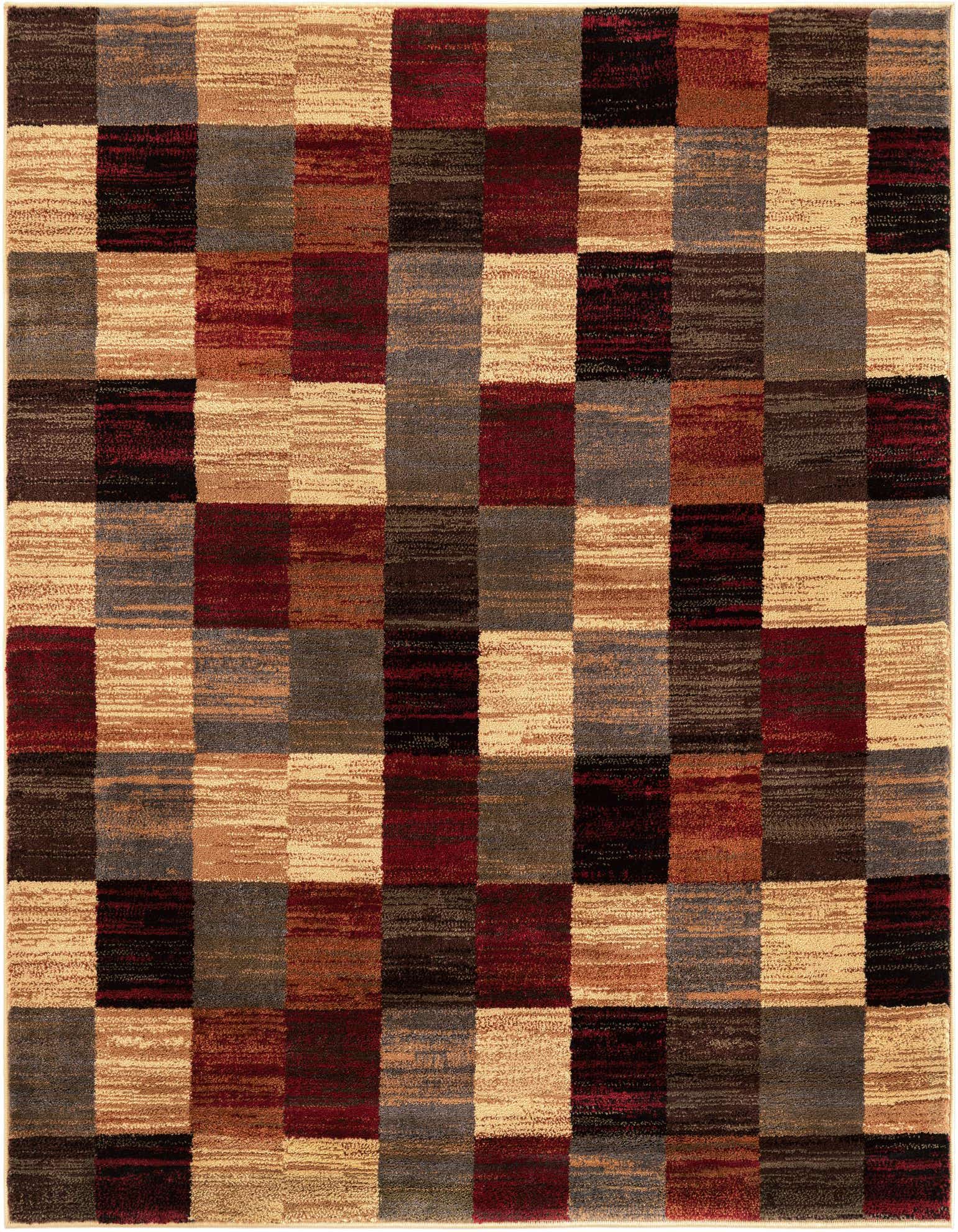 A 5'3" x 5'3" square modern area rug featuring a multi-colored abstract checkered pattern in shades of red, brown, beige, and gray.