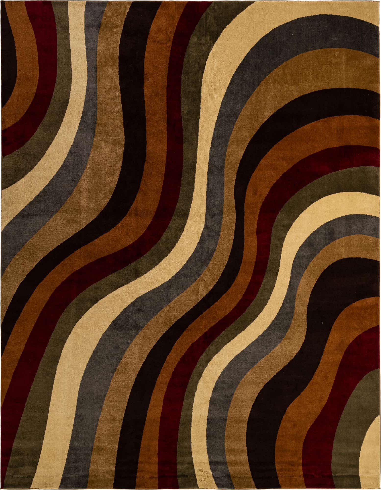 A 12' 0 x 12' 0 square multi-colored rug with a wavy, abstract pattern in shades of brown, beige, dark red, and gray.