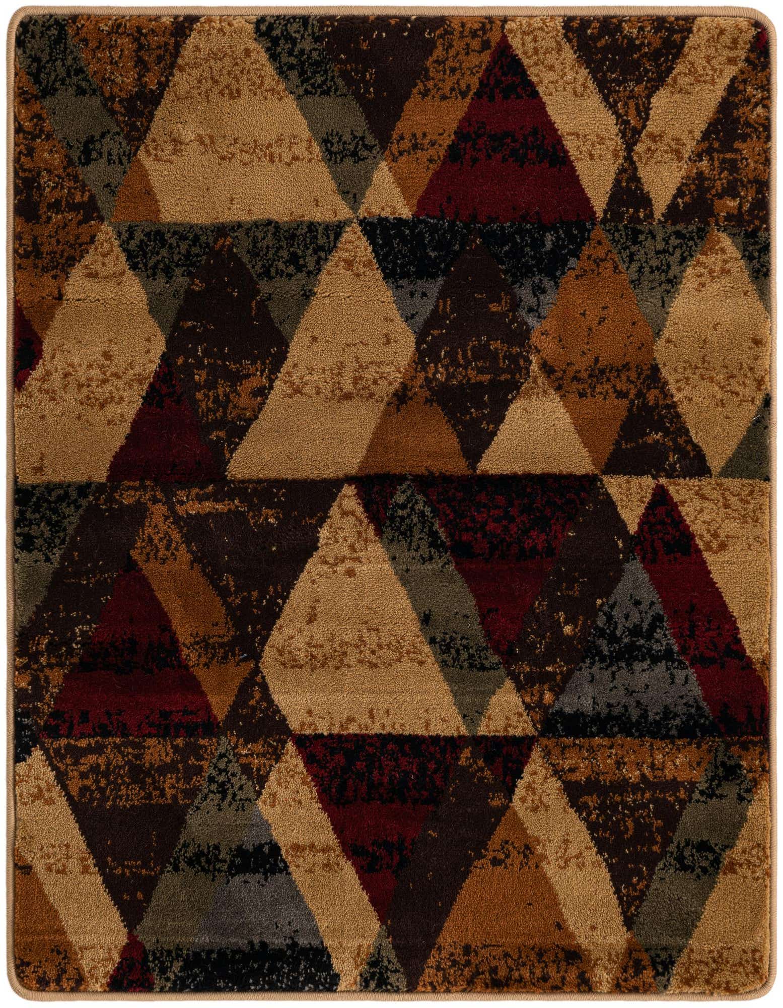 A multi-colored square rug featuring a geometric pattern of triangles in shades of brown, tan, red, and blue-gray.