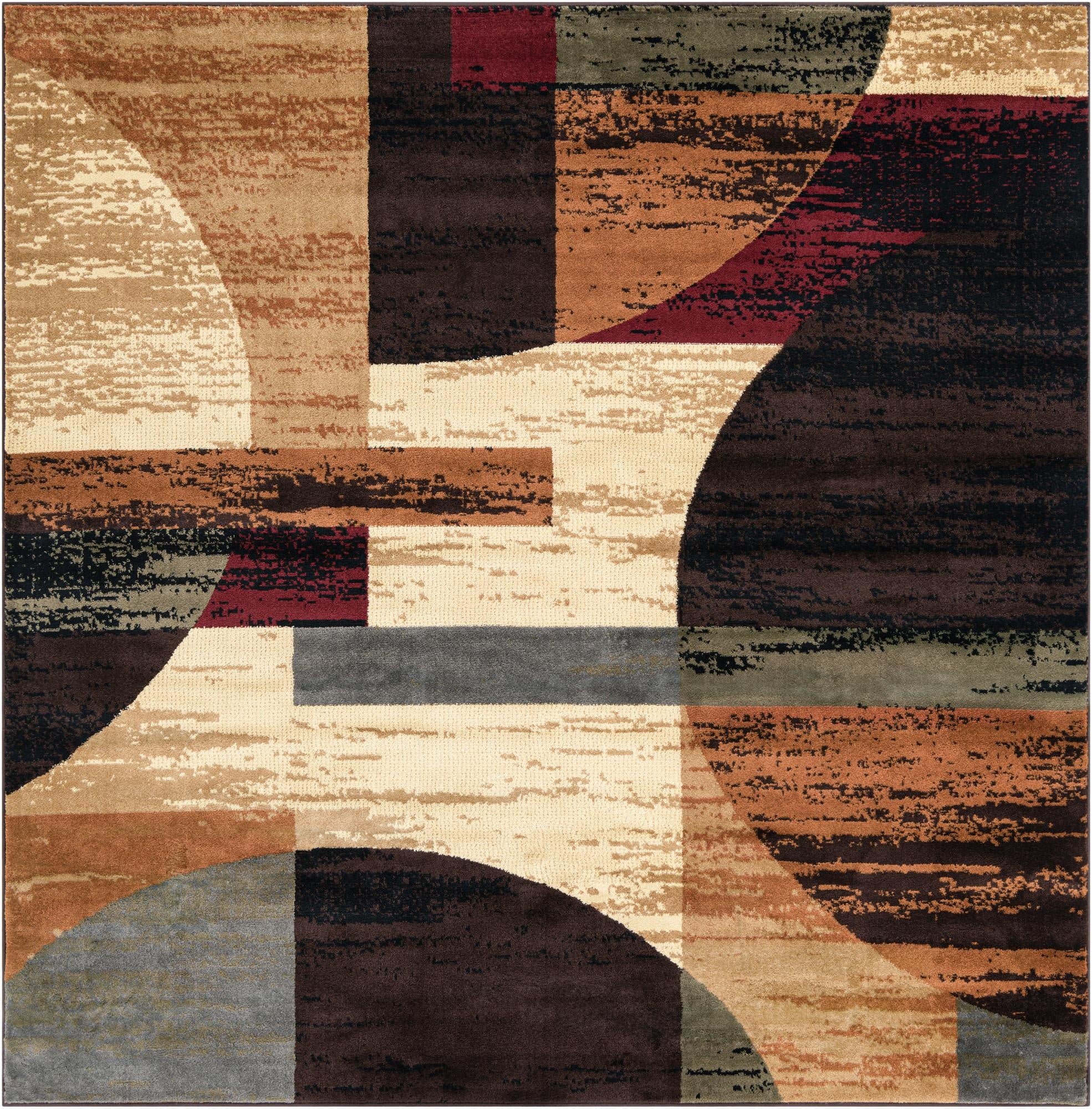A 7' 10 x 7' 10 square modern rug from the Cafe Collection, featuring an abstract multi-colored stripe pattern in shades of brown, beige, black, gray, and burgundy.