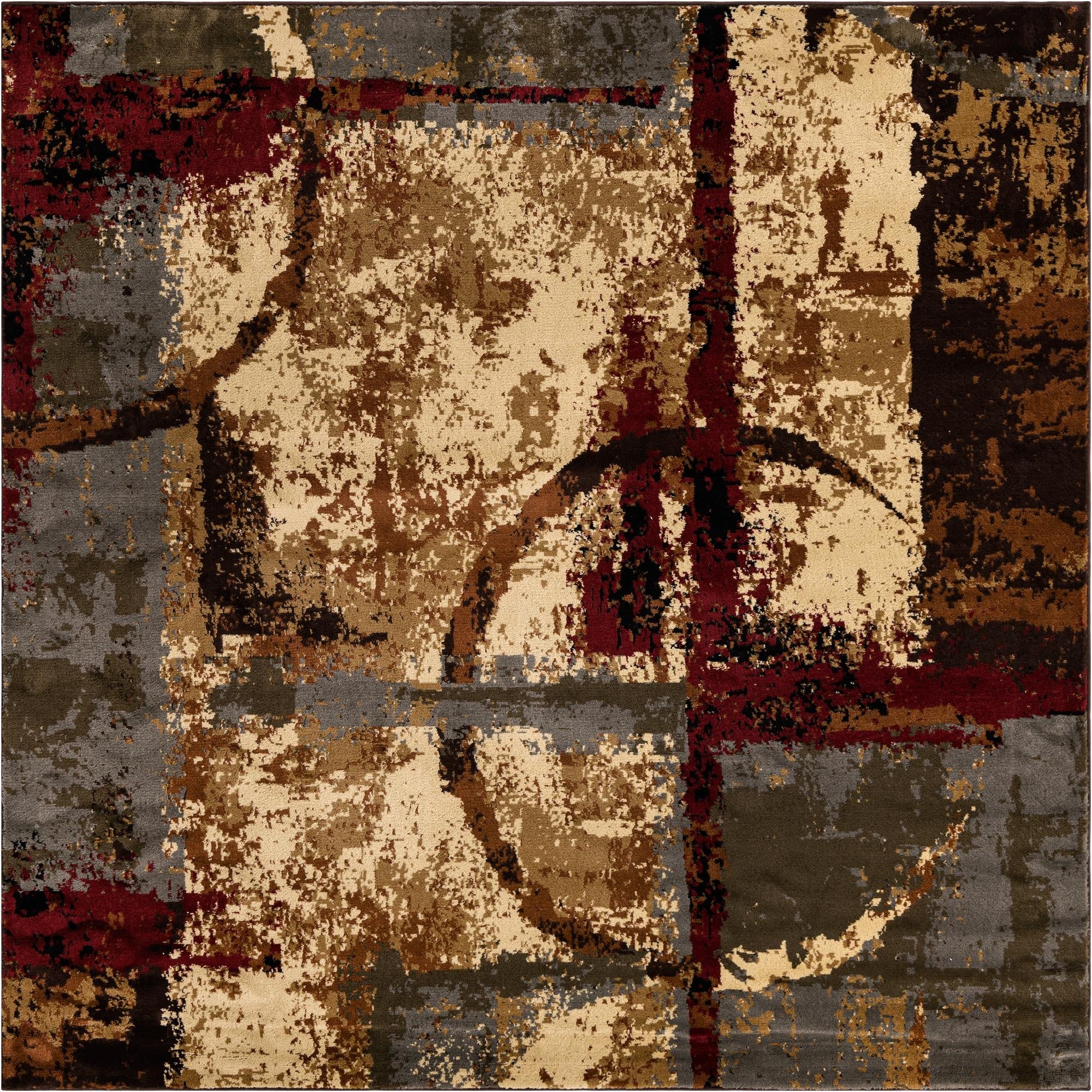 A 7'x7' multi-colored square rug with an abstract, eclectic pattern featuring shades of beige, brown, red, and gray.
