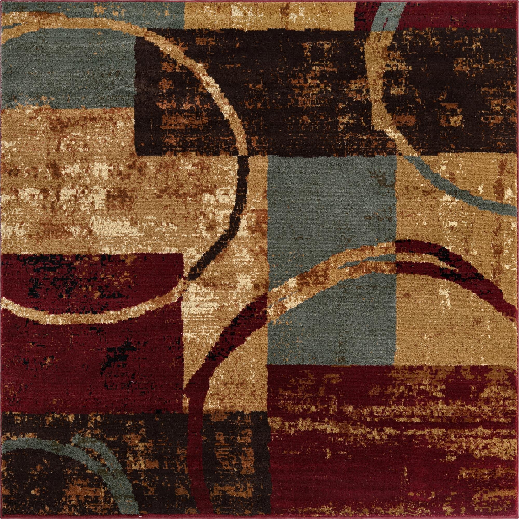 A 6x6 square multi-colored abstract rug featuring bold blocks of tan, maroon, dark brown, and teal with sweeping curved lines.