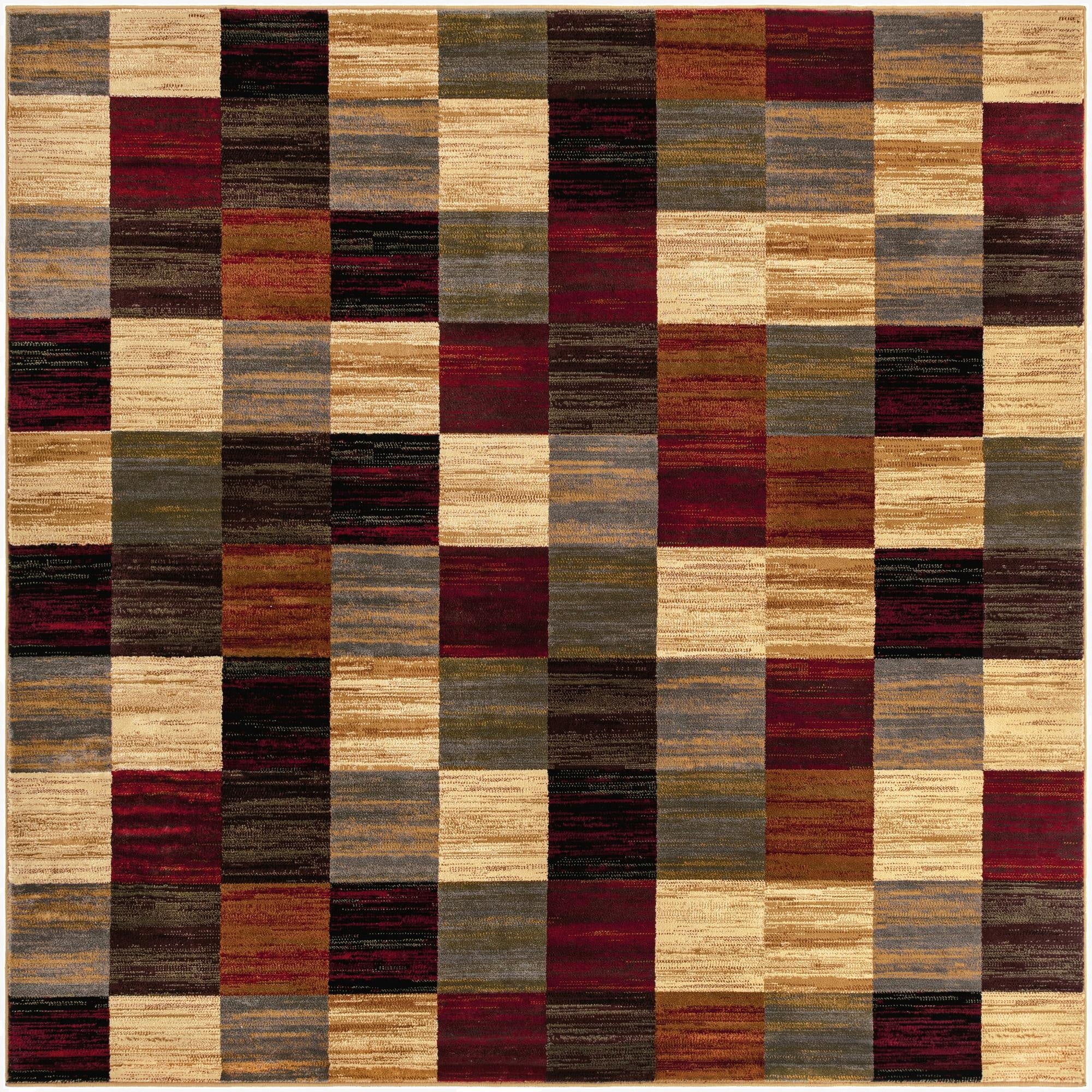 A 7' 10 x 7' 10 square multi-colored rug featuring an eclectic checkerboard pattern with shades of red, brown, beige, and gray.
