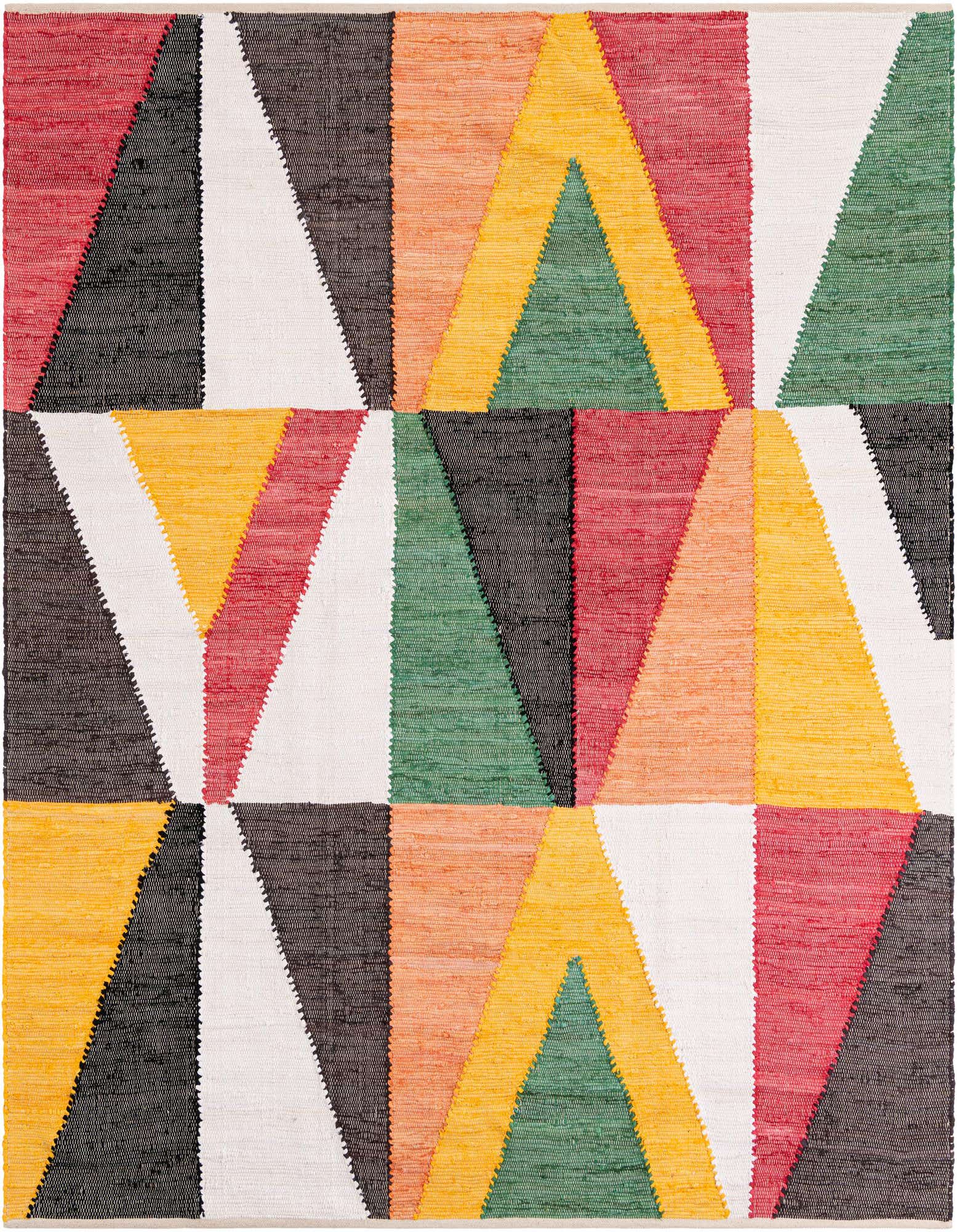 A vibrant 7' 10 x 7' 10 square cotton rug with a modern abstract pattern of multi-colored triangles in red, orange, yellow, green, black, and white.
