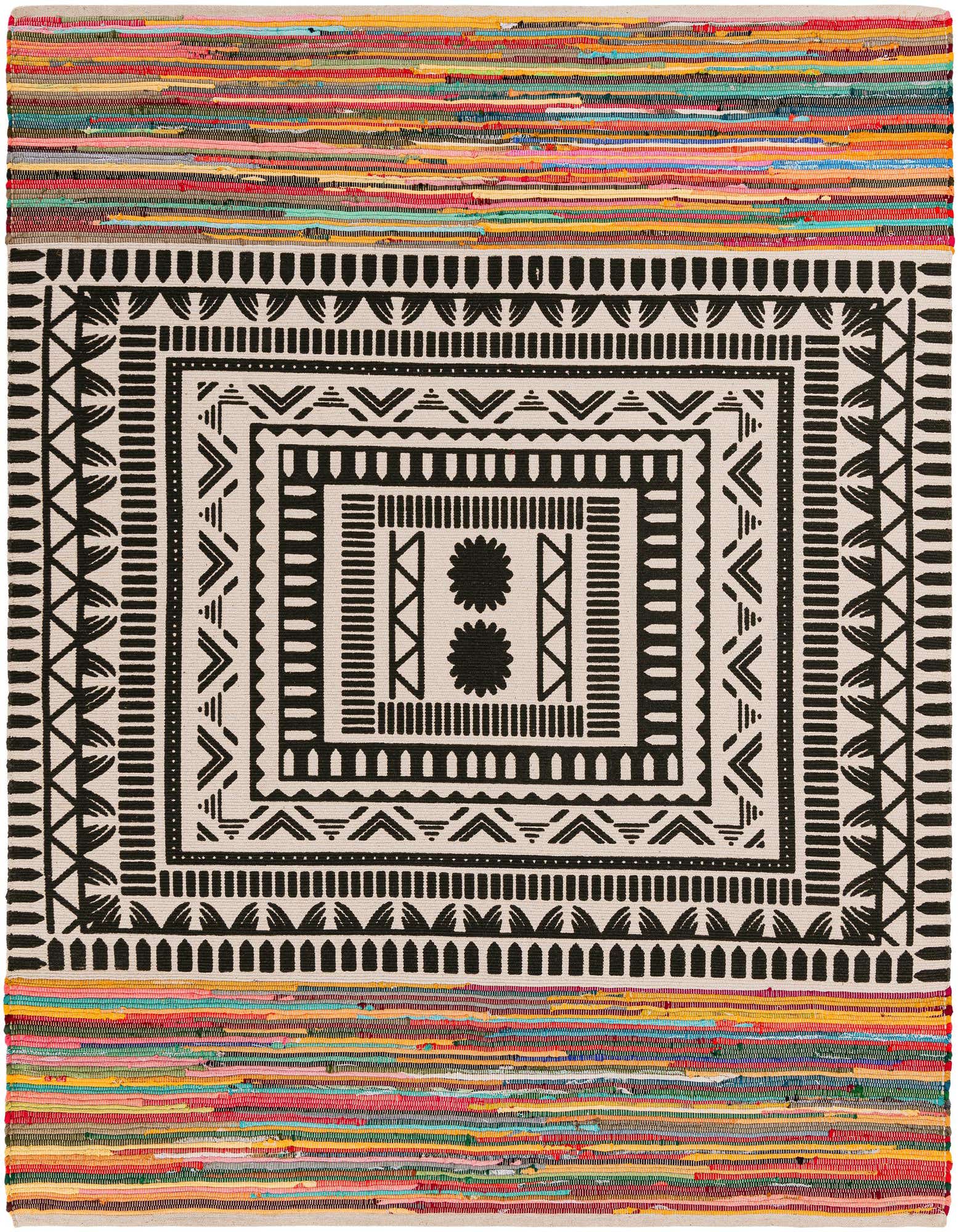 A square Chindi Cotton rug featuring a black and white geometric medallion pattern bordered by vibrant multi-colored stripes.