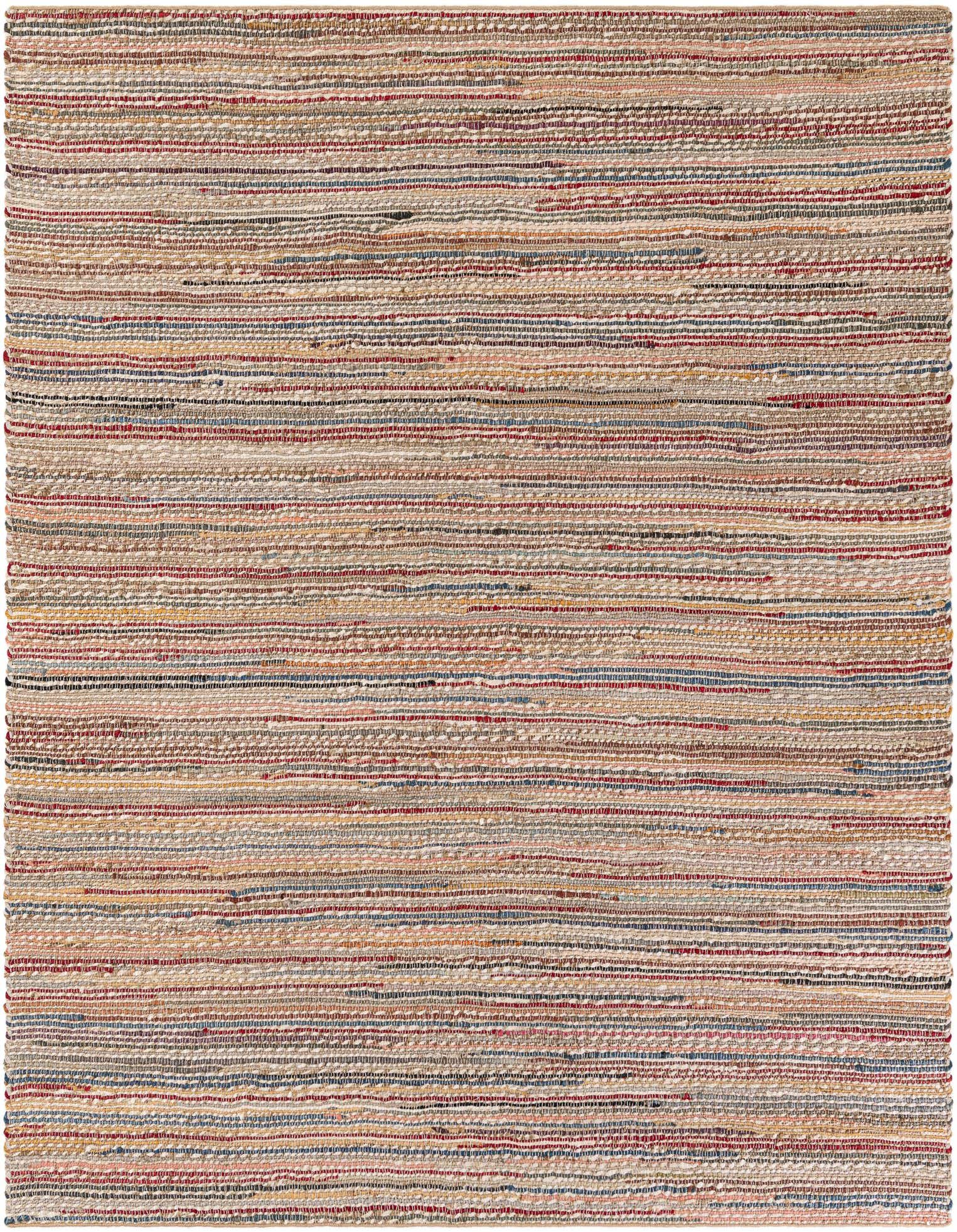 A 7' 10 x 7' 10 square multi-colored jute and cotton rug with a modern, abstract striped pattern.
