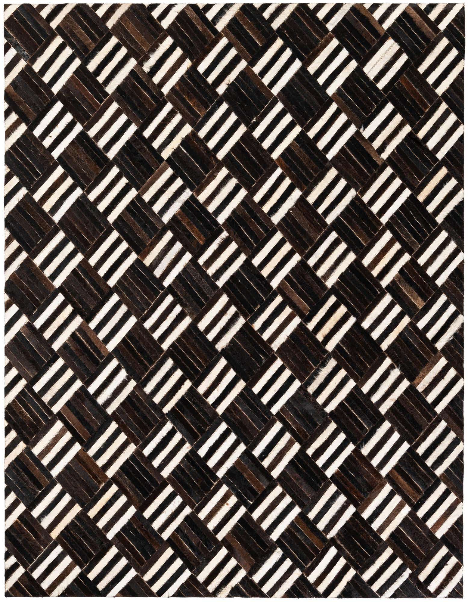 A square, multi-colored cowhide rug featuring a modern geometric pattern of interwoven dark brown and striped white leather squares.