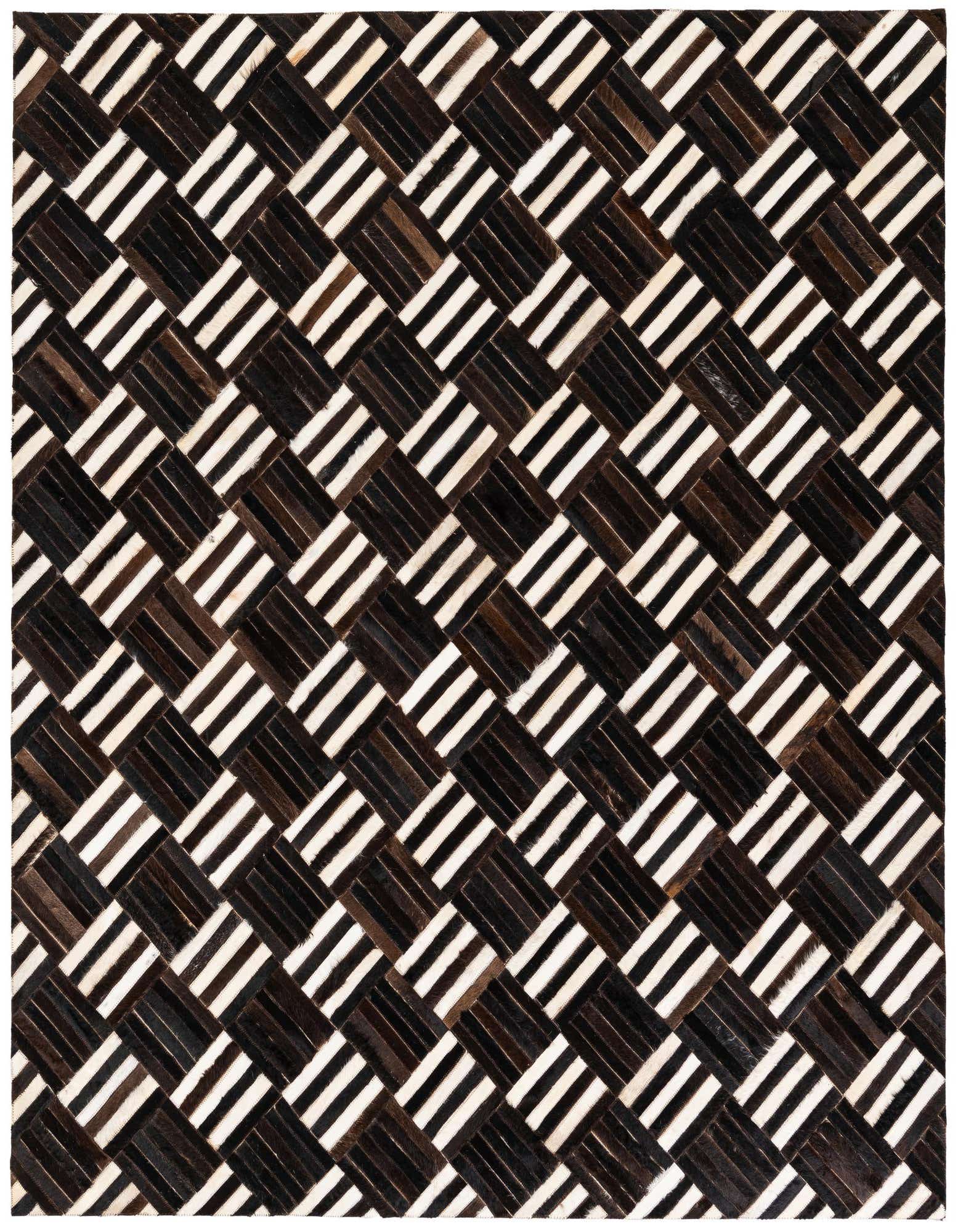A square multi-colored cowhide rug featuring a striking geometric pattern of dark brown and white striped squares.