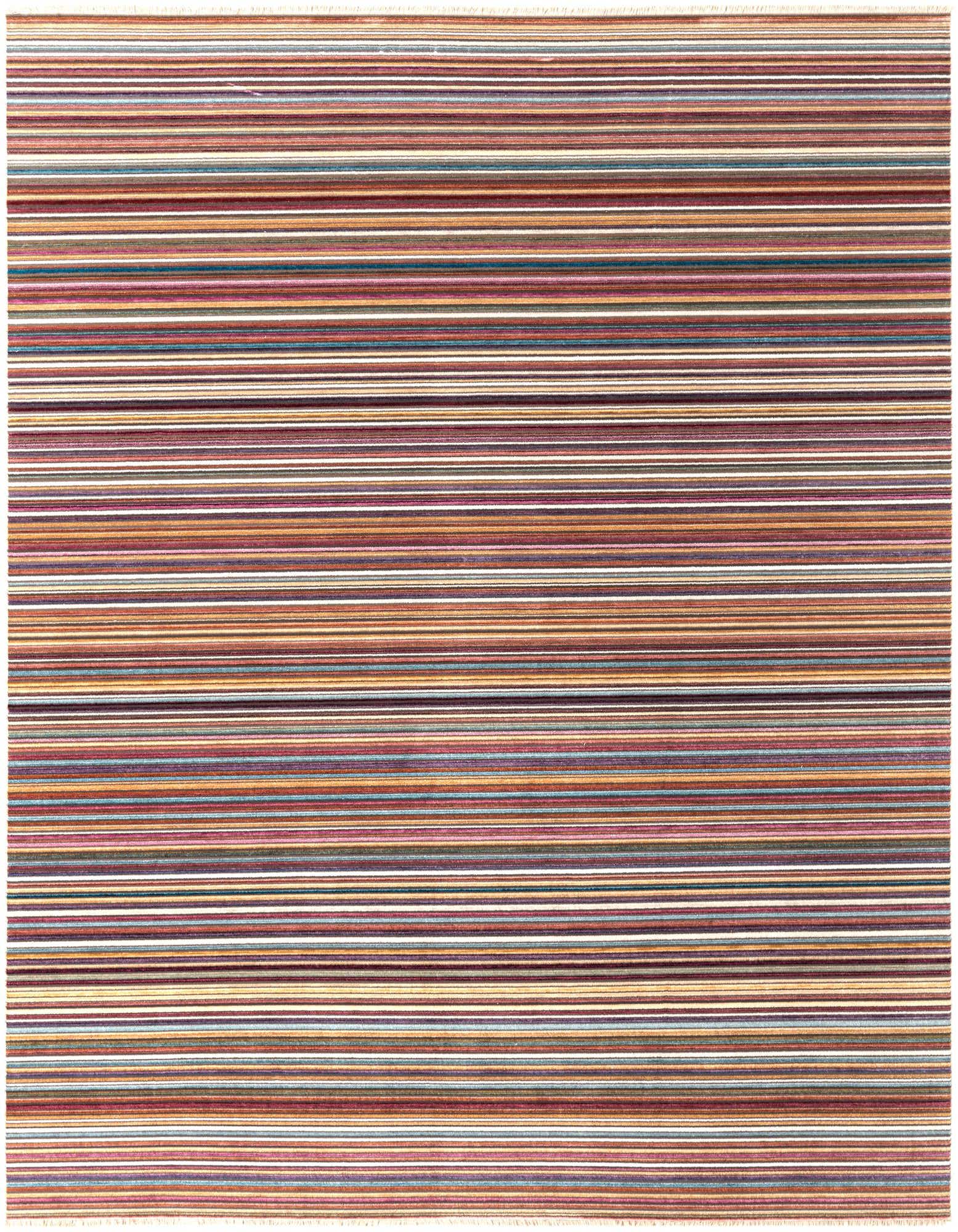 A square multi-colored striped area rug with thin horizontal lines in various shades of red, orange, blue, green, and white.