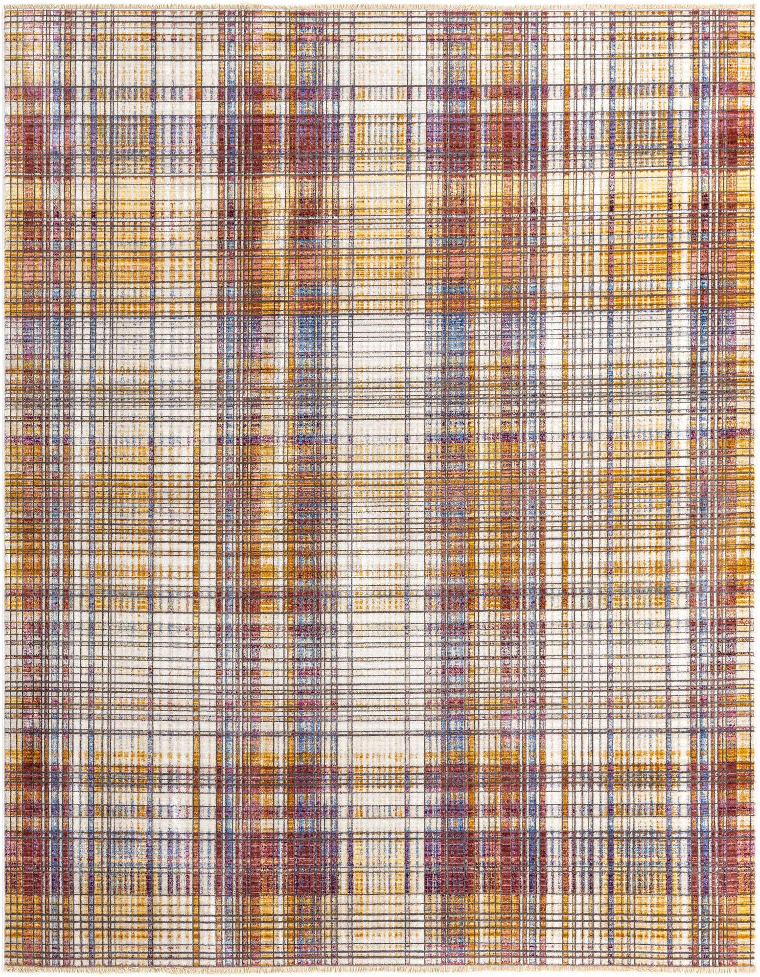 A multi-colored square rug with a plaid pattern featuring shades of gold, blue, and red on a light background, suitable for an indoor living space.