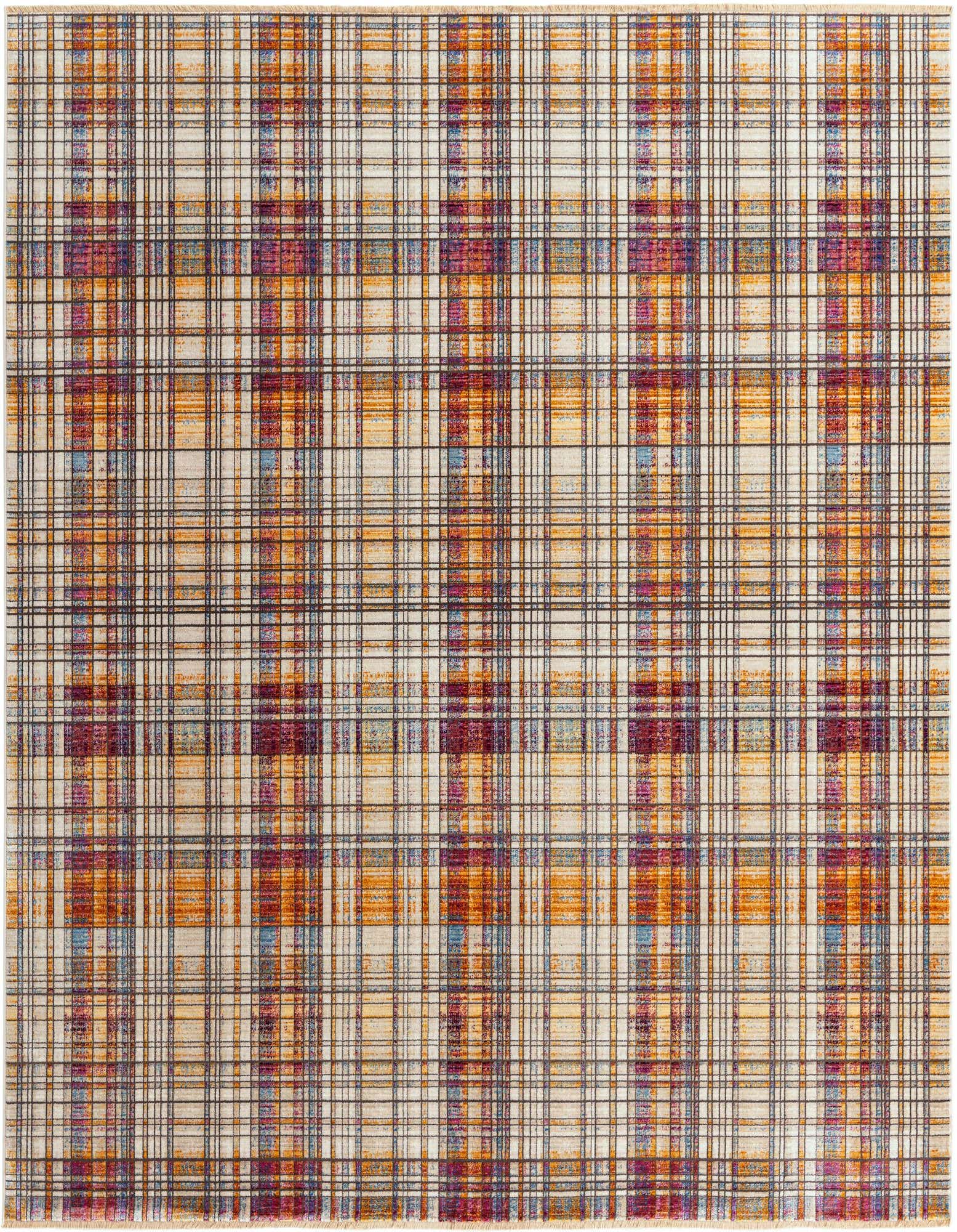 A multi-colored square rug featuring a plaid pattern with thin lines in orange, blue, purple, and black over a cream background.