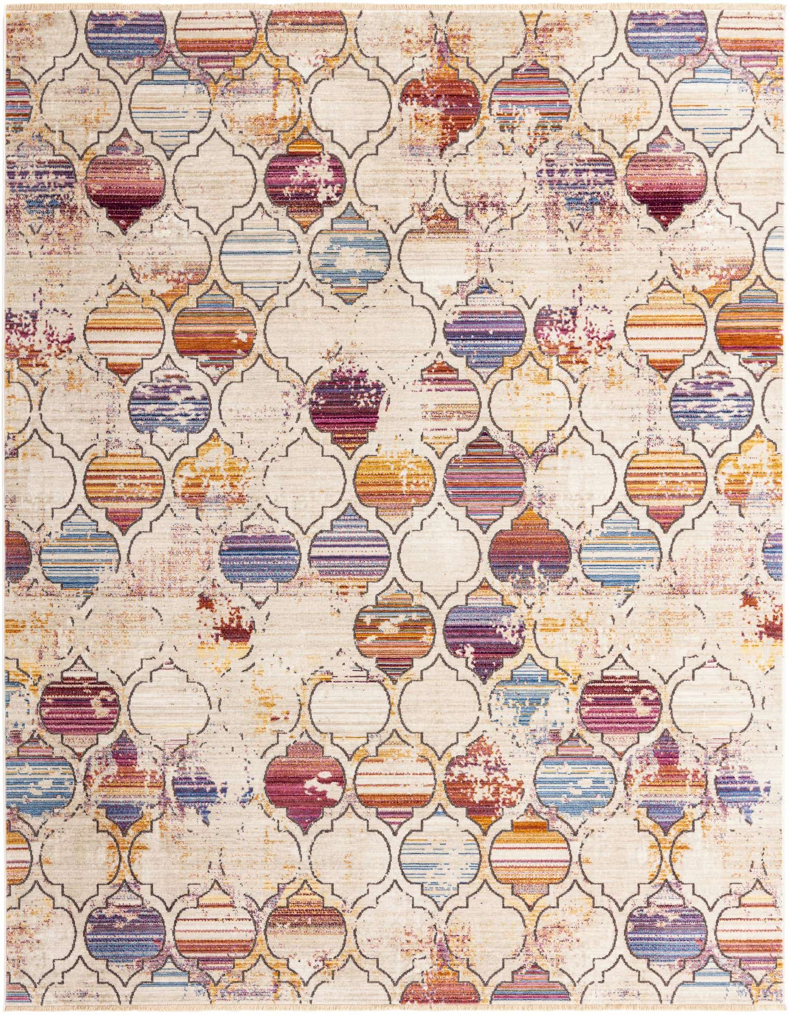 A square multi-colored rug with a distressed medallion pattern, featuring shades of red, blue, purple, and orange on a cream background.