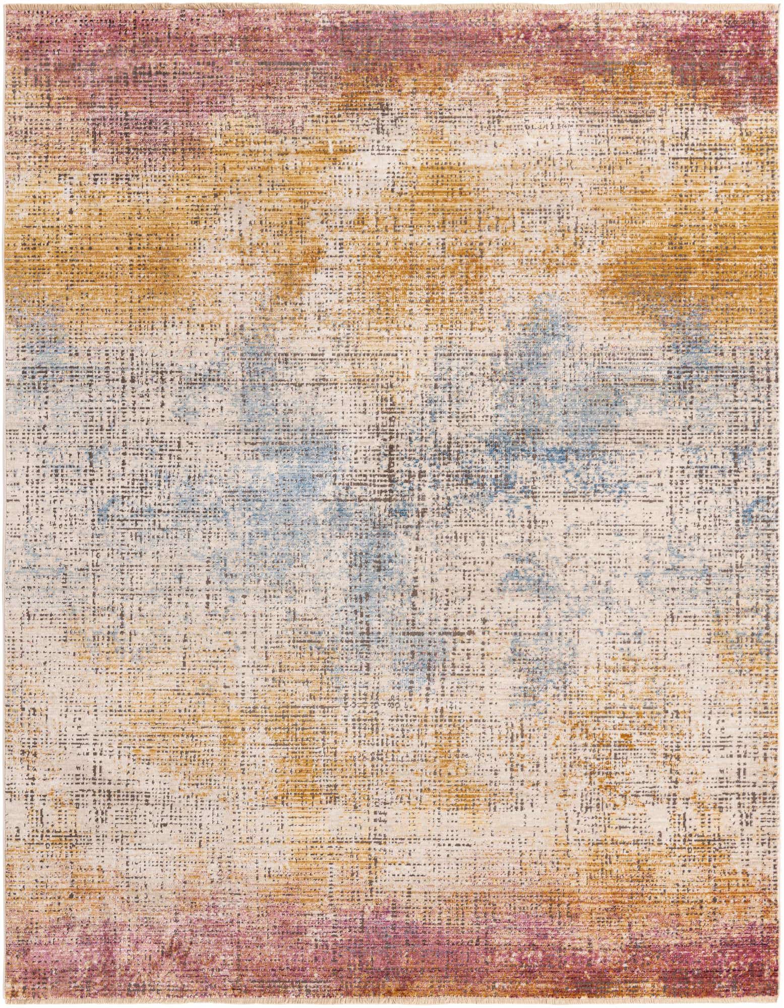 A square multi-colored area rug featuring an abstract, distressed pattern with shades of gold, blue, and reddish-purple.