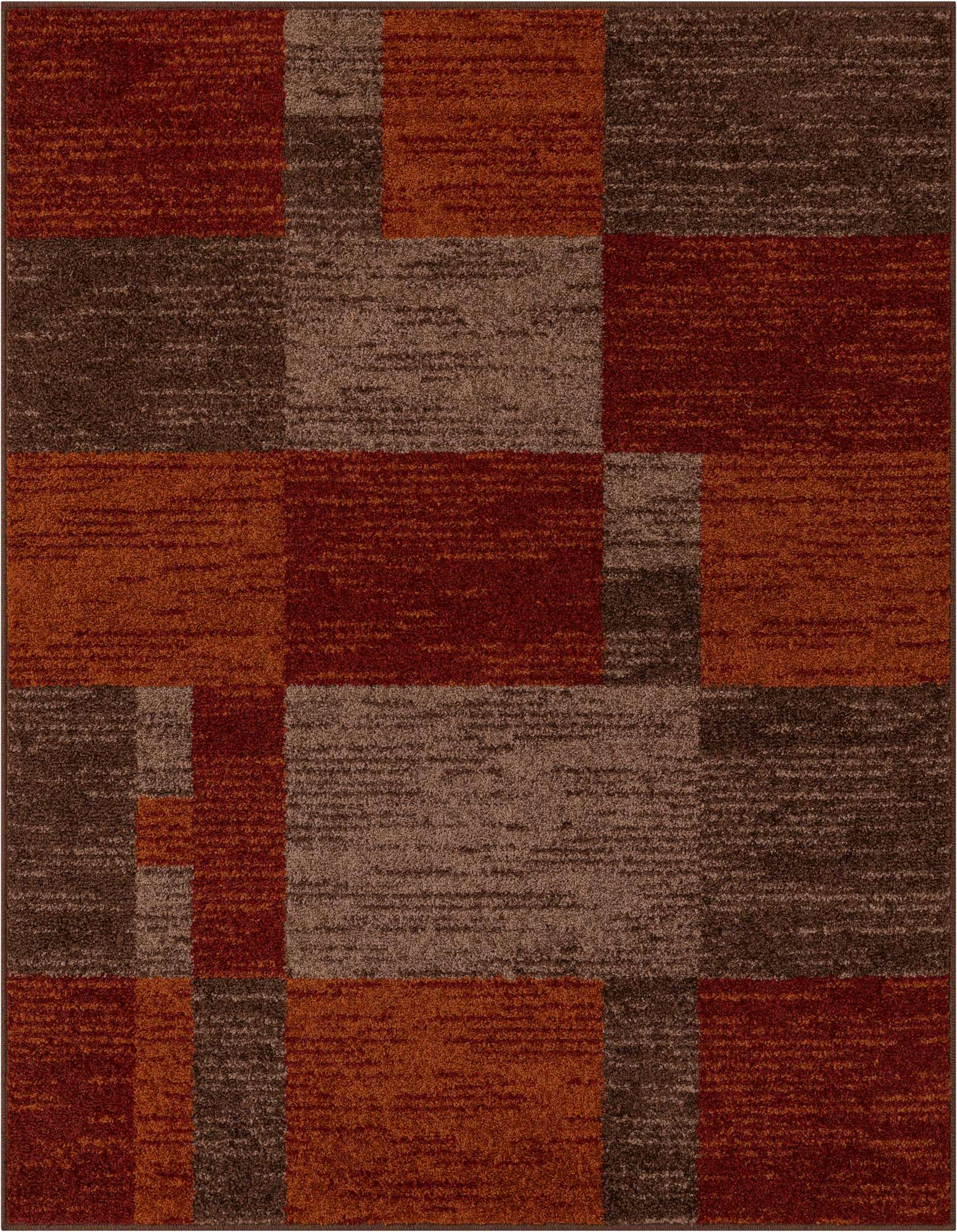 A 5' 3 x 5' 3 square rug with a modern, multi-colored geometric pattern in shades of rust, dark brown, and light brown.