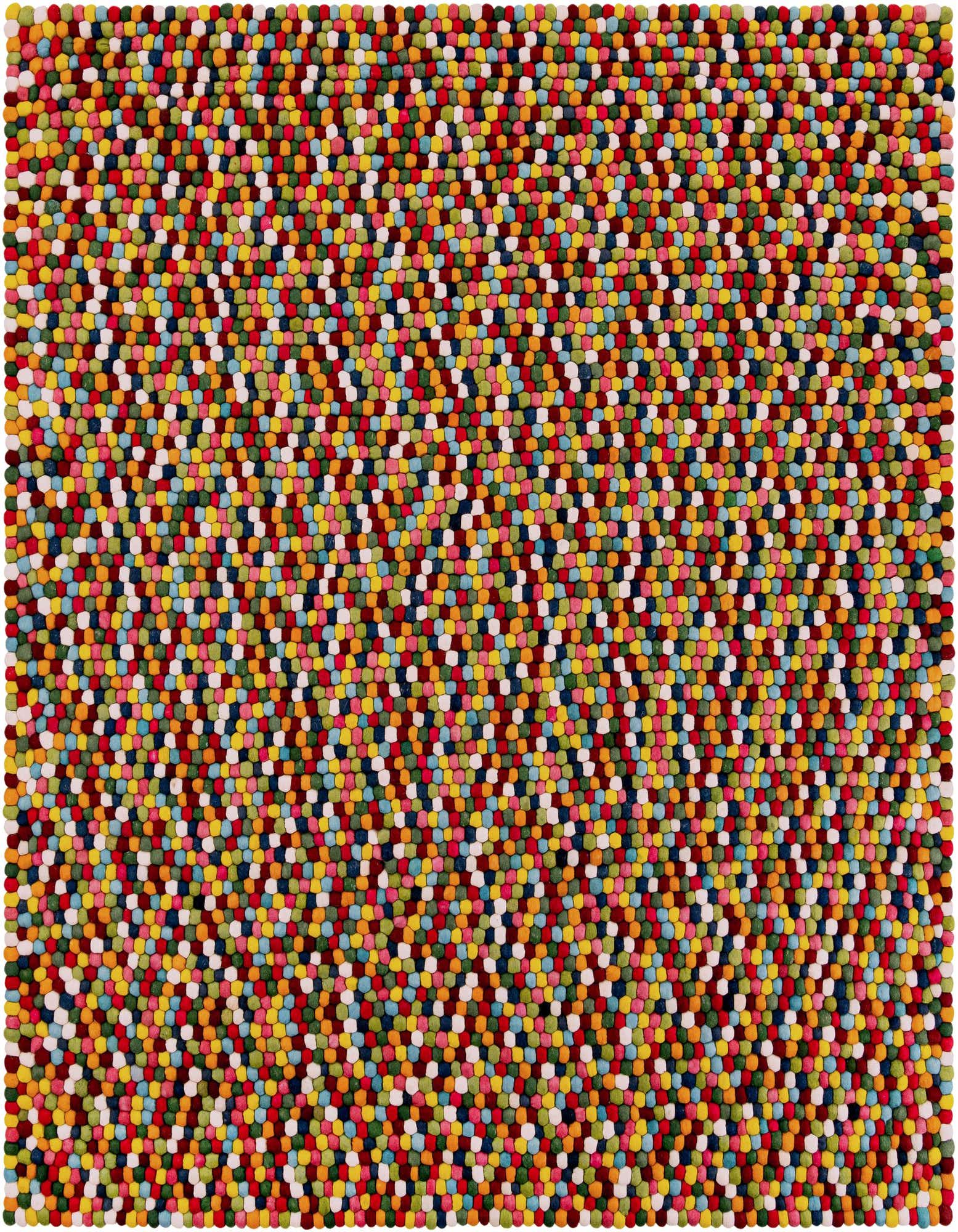 A vibrant 10'x10' square multi-colored wool felt ball rug with a textured shag pile, perfect for a kids' room.