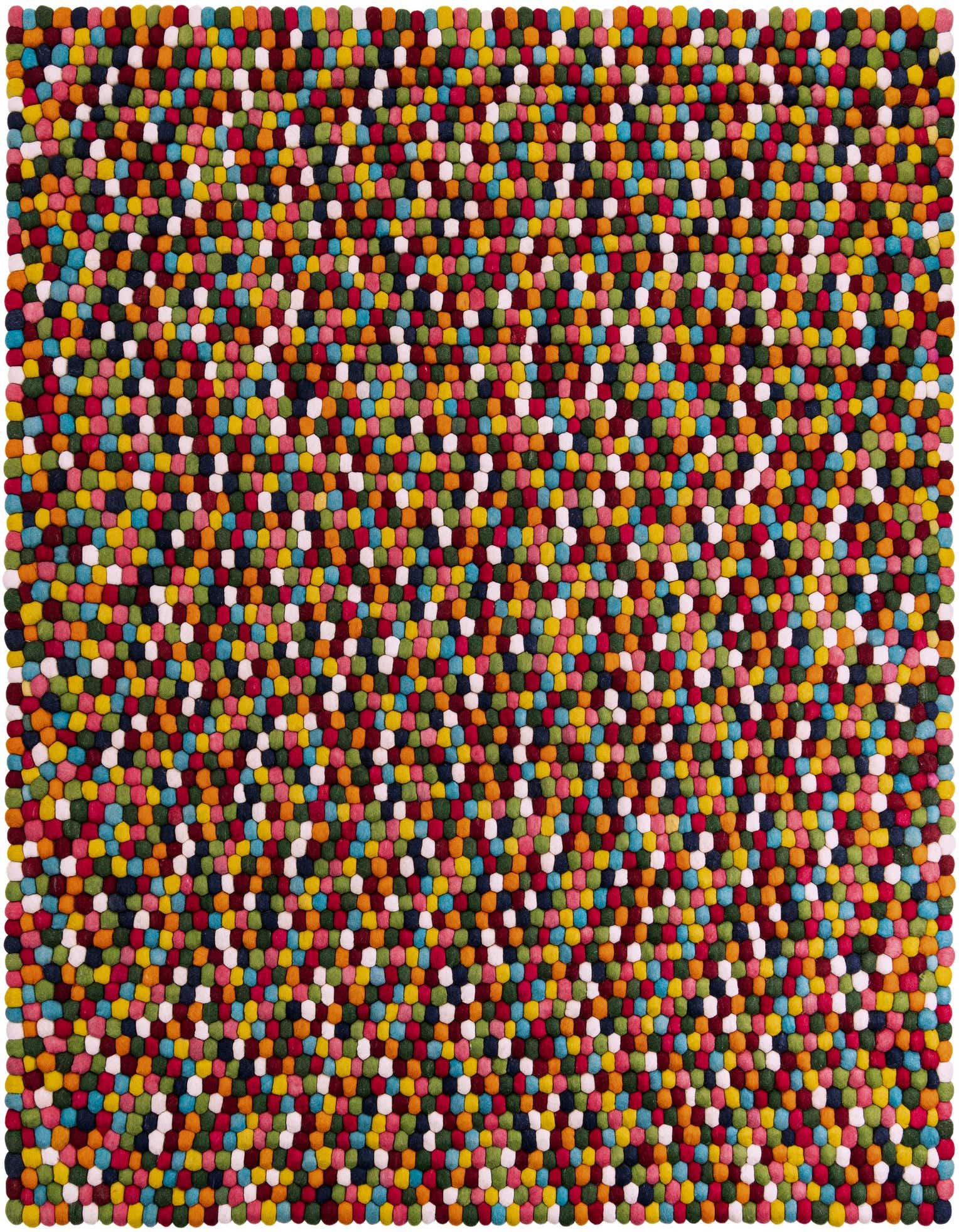A vibrant 7' 10 x 7' 10 square multi-colored Felt Ball rug with a modern, abstract pattern, made from numerous small wool felt balls.