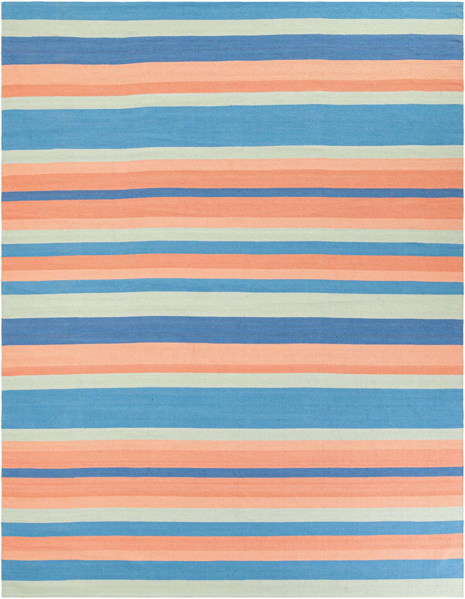 A 10'x10' square flatweave rug with horizontal stripes in varying shades of blue, peach, and light green.