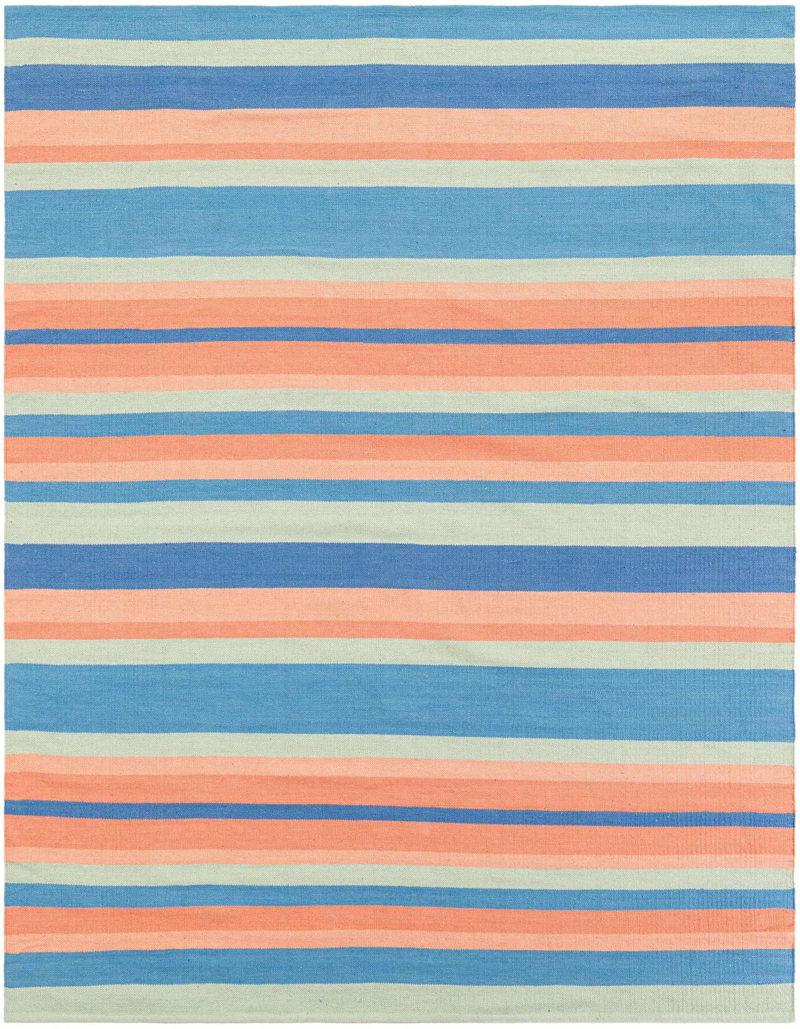A 7' 10 x 7' 10 square rug with modern horizontal stripes in varying shades of blue, coral, and light green.