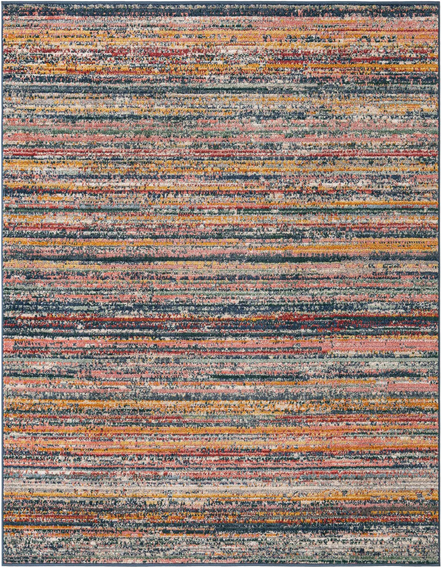 A square multi-colored area rug with horizontal stripes in various shades of blue, red, orange, yellow, and pink.