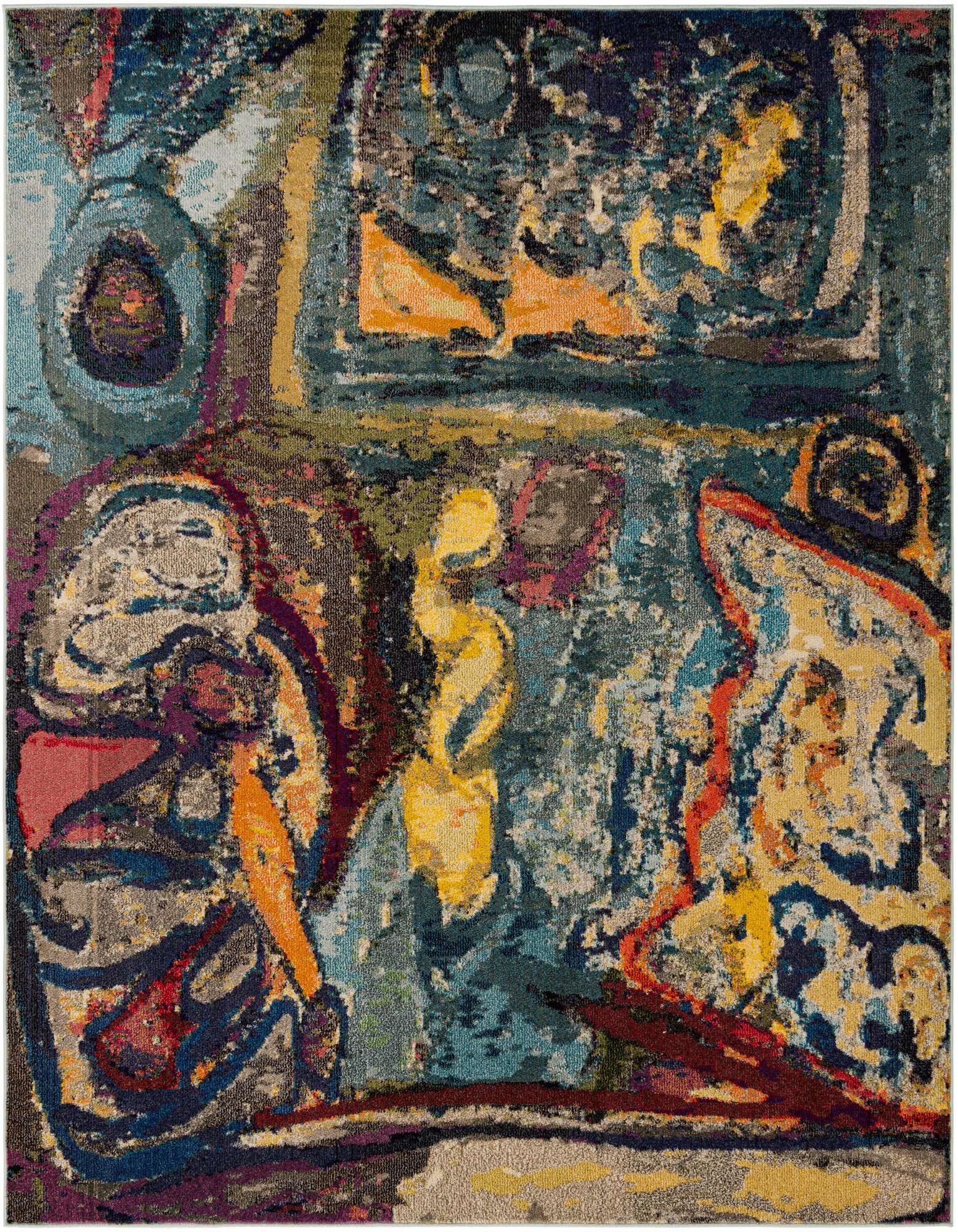 A 7' 10 x 7' 10 square multi-colored abstract rug featuring a vibrant, modern design with blues, yellows, oranges, and reds.