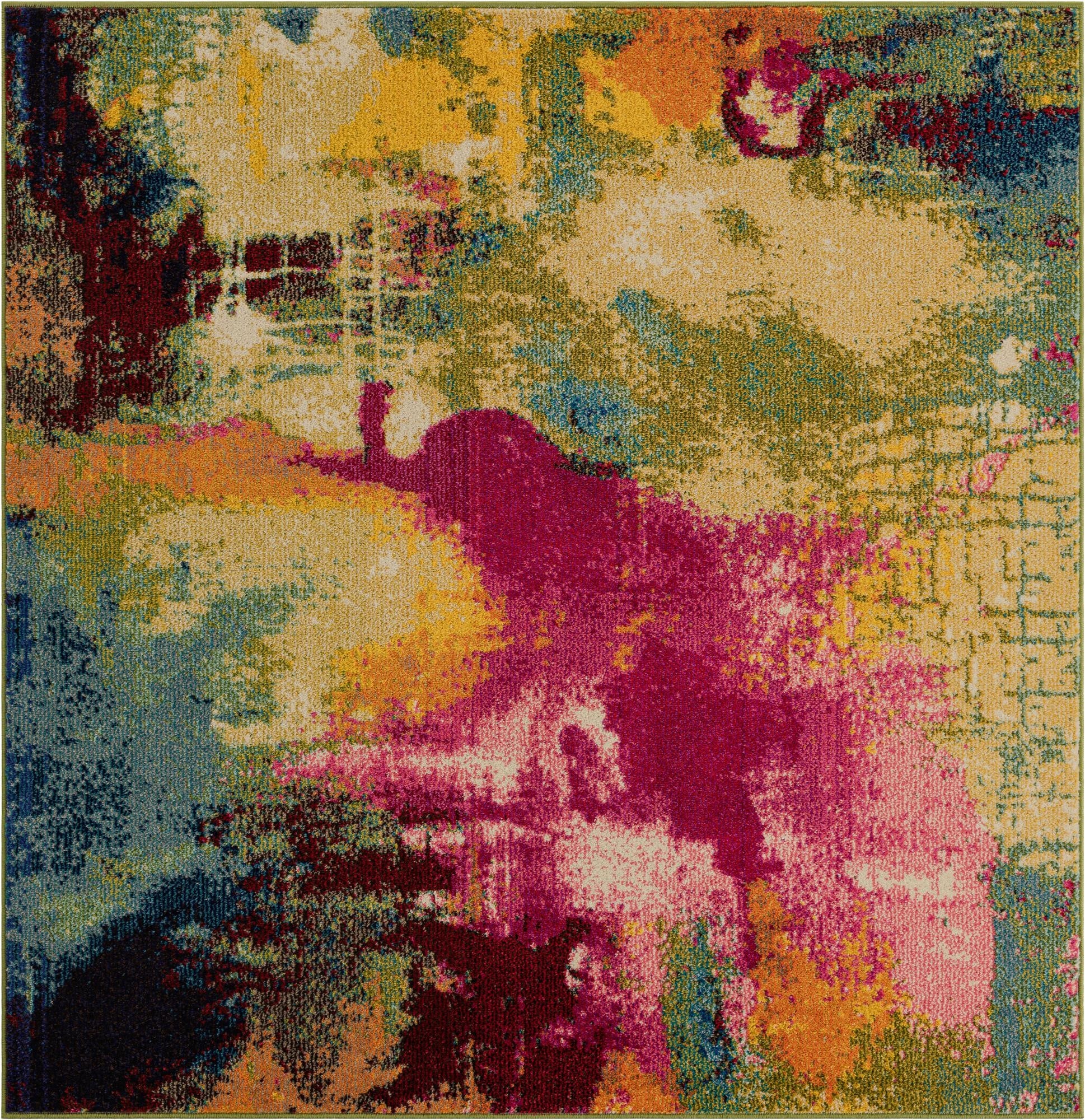 A 5' 3 x 5' 3 square modern abstract rug with a vibrant multi-colored pattern featuring splashes of fuchsia, yellow, blue, and orange.