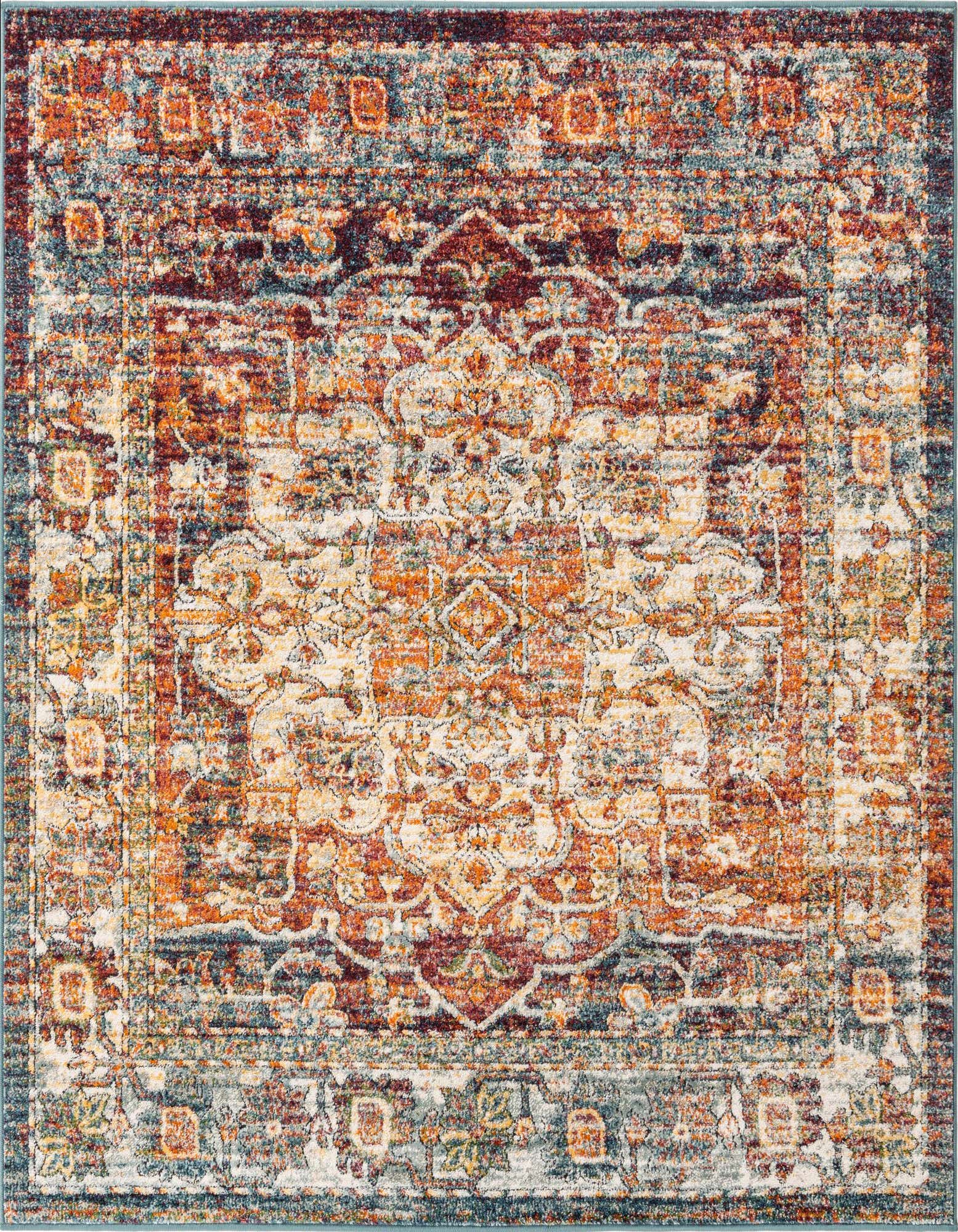 A 6' 0 x 6' 0 square multi-colored traditional rug with a vintage medallion pattern and high/low pile.