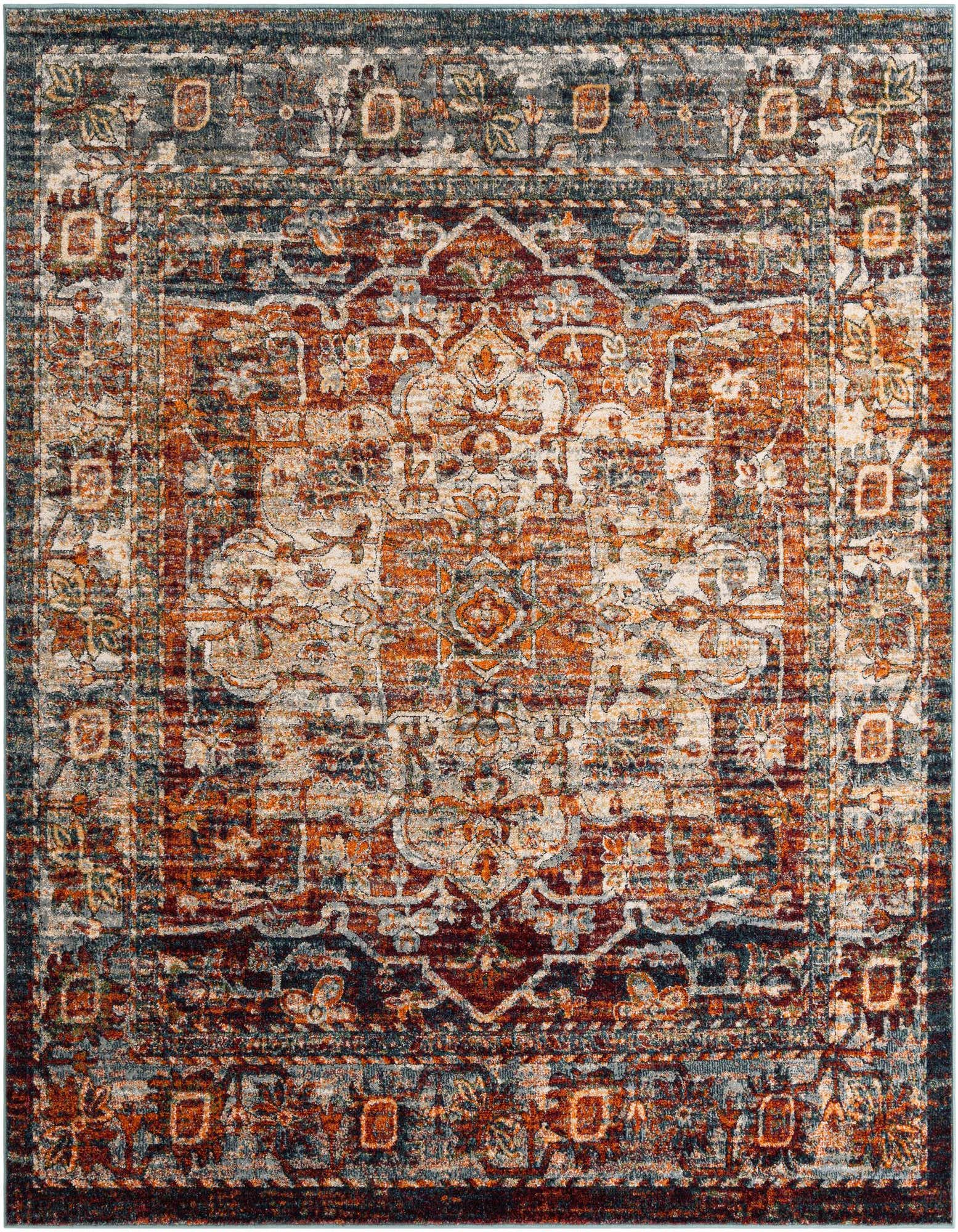 A square multi-colored traditional rug with a distressed medallion pattern in rust, cream, and blue tones.
