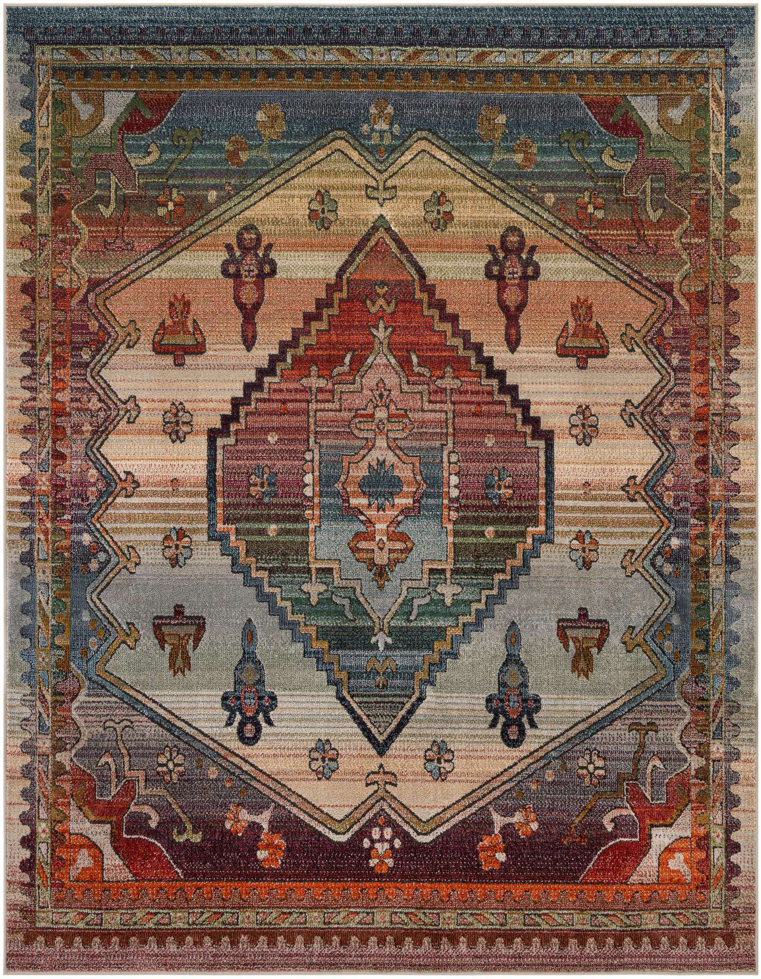 A multi-colored square rug with a traditional medallion pattern in shades of blue, red, orange, and beige.