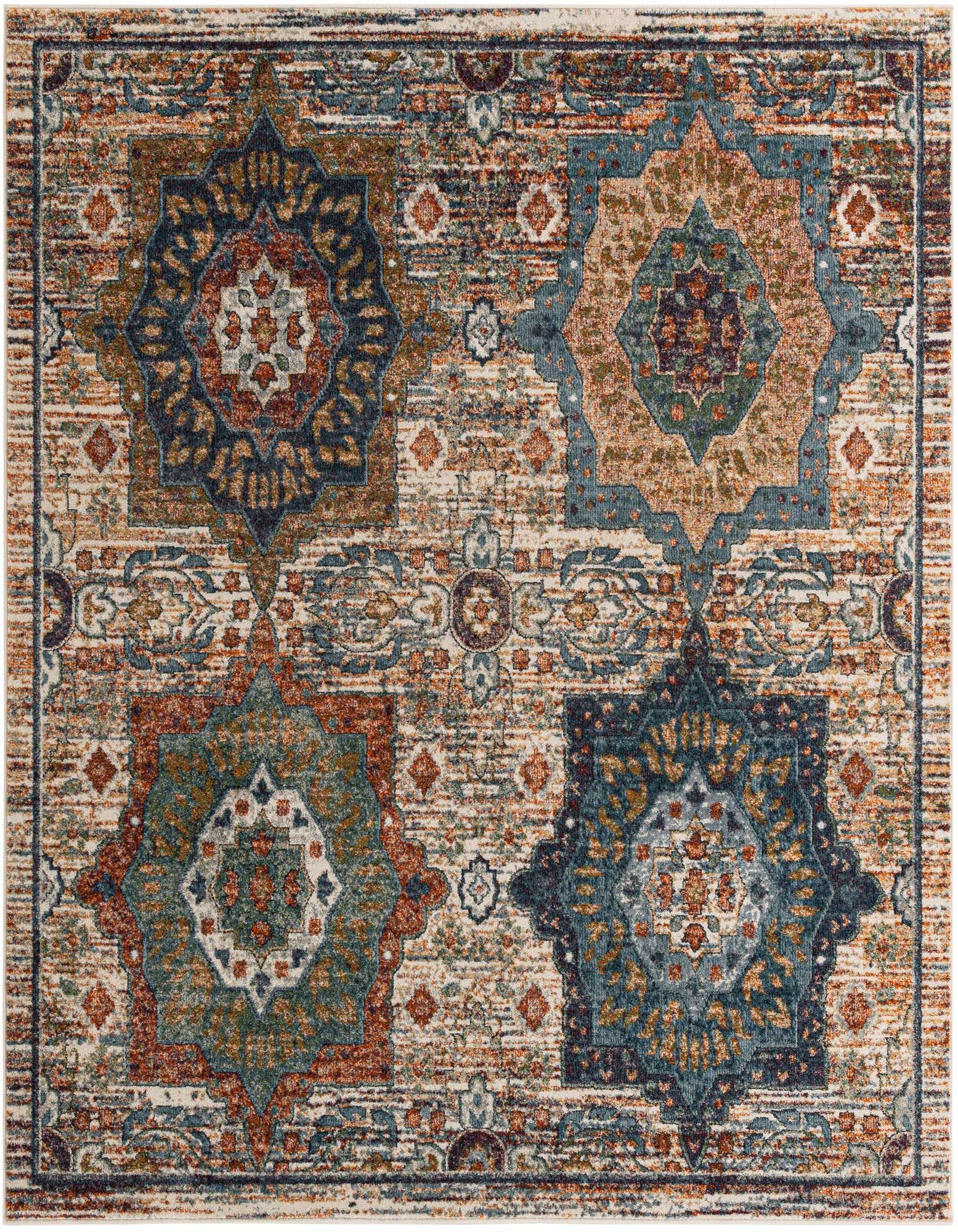 A multi-colored square rug featuring a distressed traditional pattern with large medallions in shades of blue, orange, and beige.
