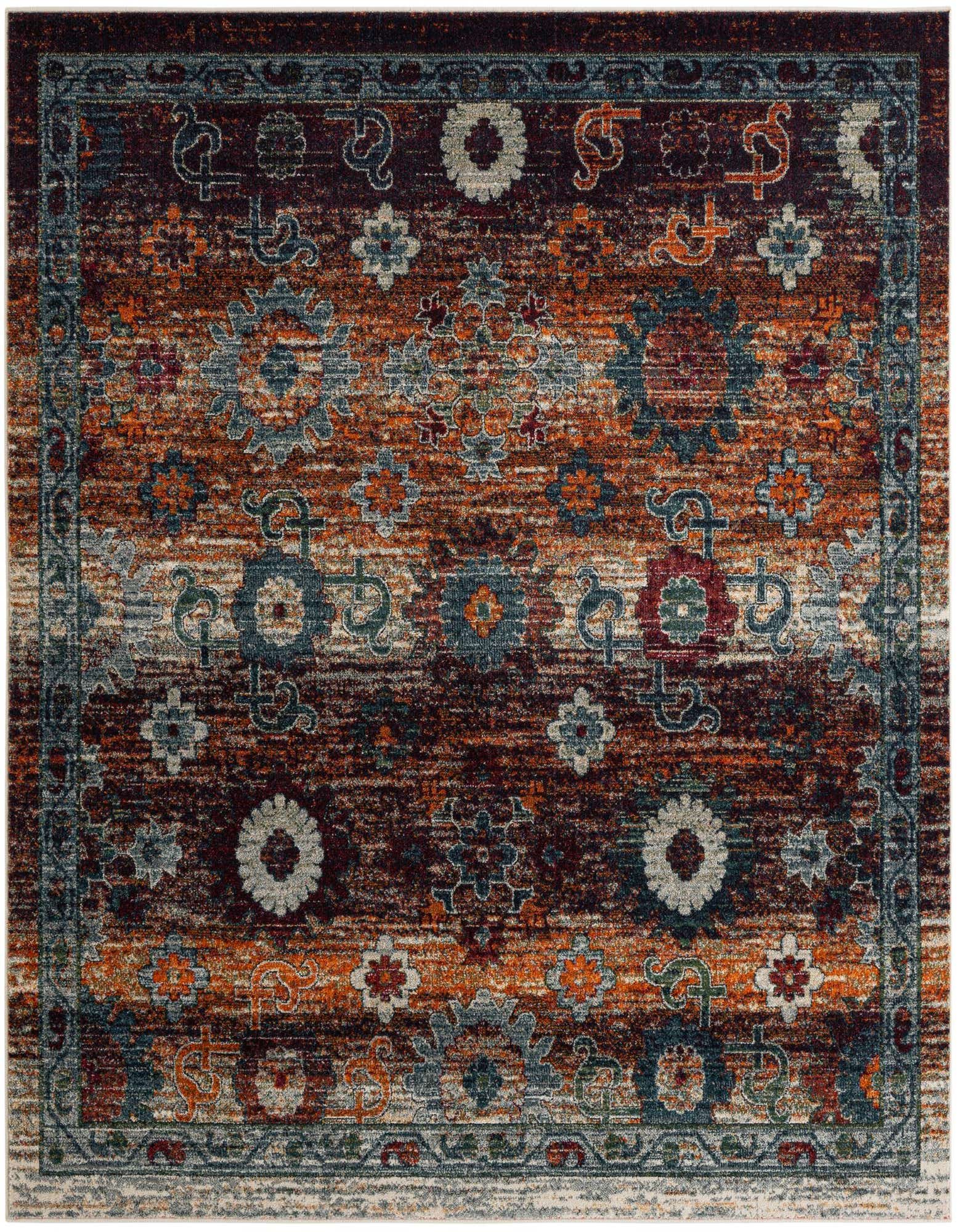 A multi-colored square rug with a distressed traditional pattern featuring shades of rust, blue, and cream.