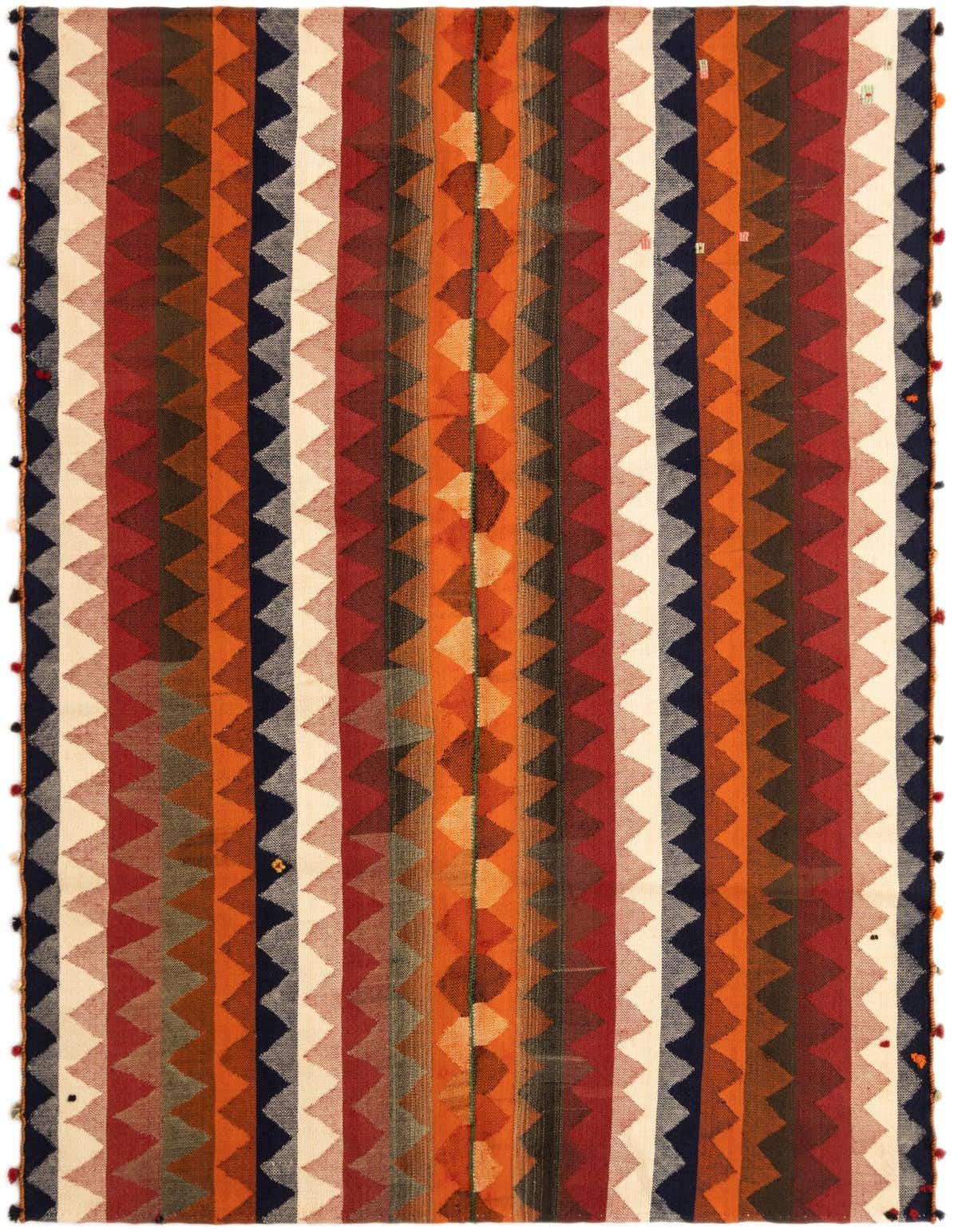 A vibrant 5' 8 x 6' 10 square Persian Jajim rug with multi-colored vertical stripes and sawtooth patterns, ideal for an indoor living space.