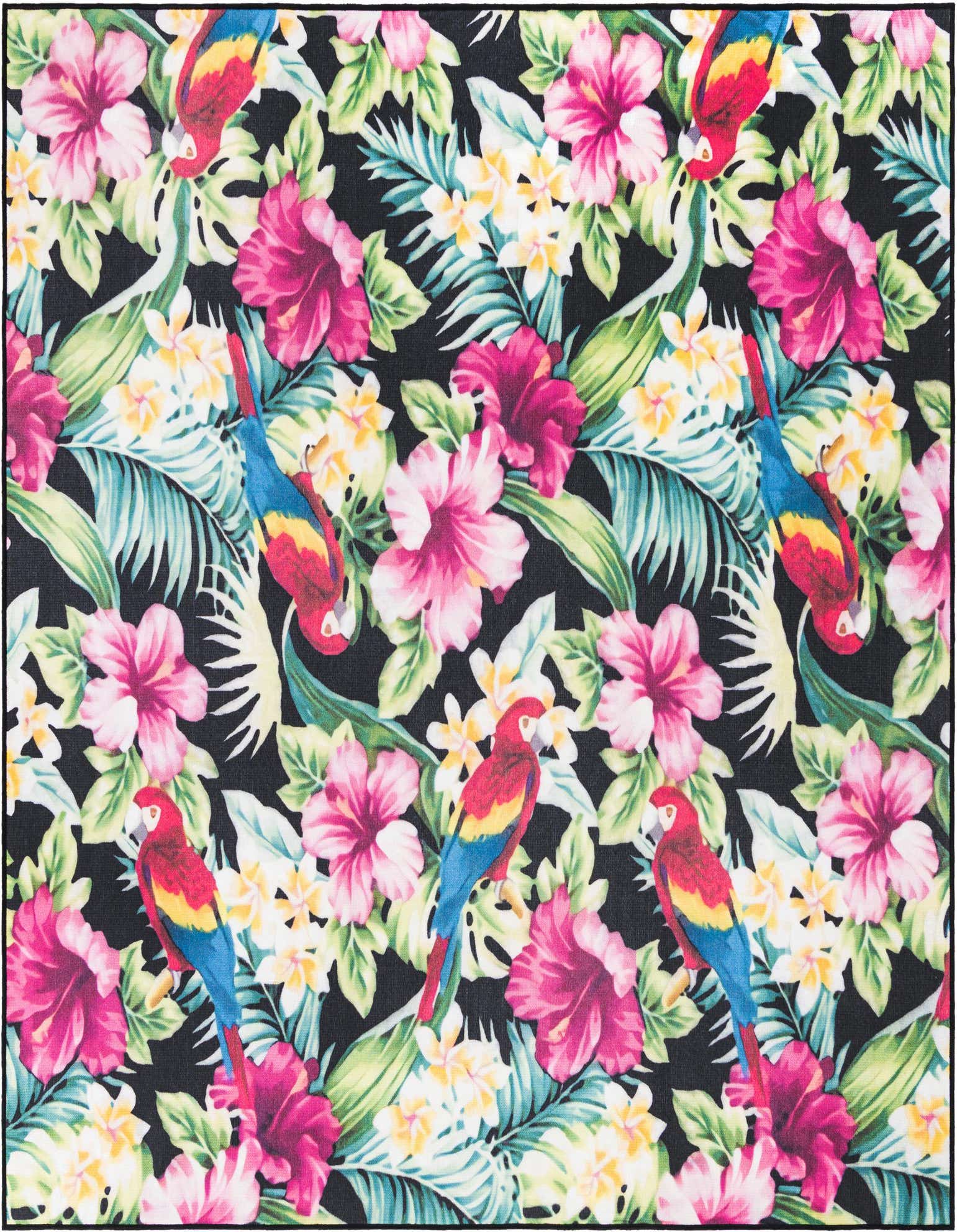A vibrant multi-colored tropical rug featuring pink hibiscus flowers, green palm leaves, and red and blue parrots on a black background.