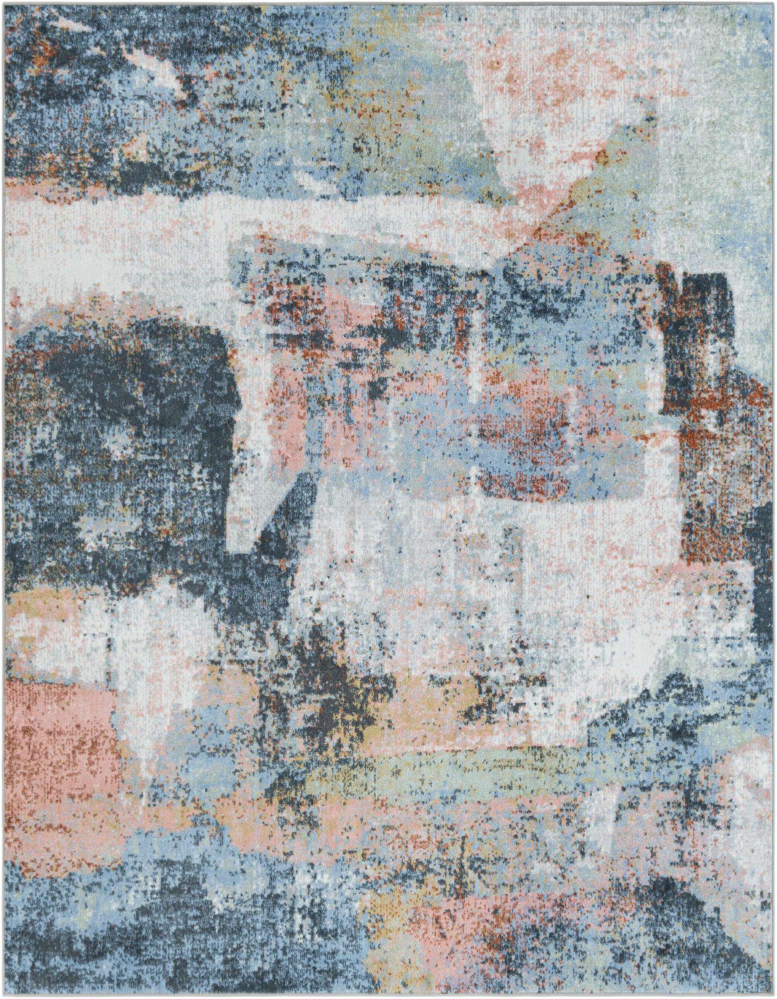 A 7' 10 x 7' 10 square multi-colored abstract rug with shades of blue, pink, orange, and white, perfect for a modern patio.