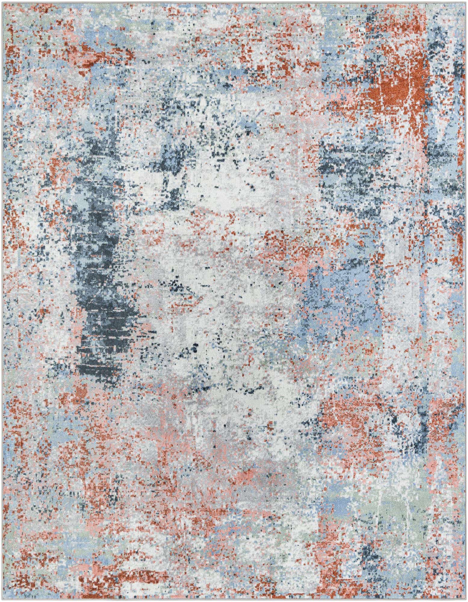A 7' 10 x 7' 10 square modern abstract rug featuring a multi-colored distressed pattern in shades of blue, rust, pink, and gray.