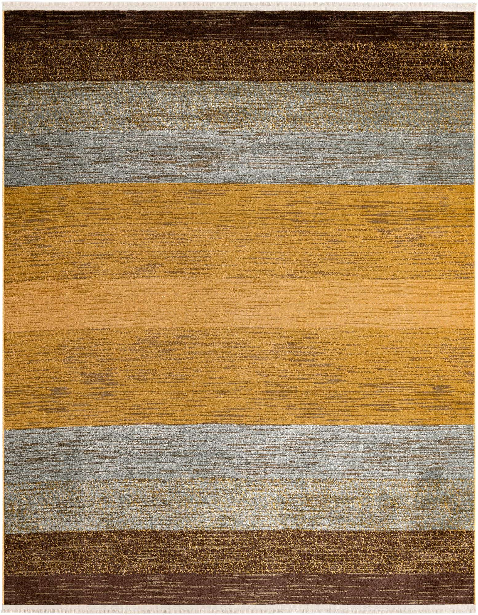 A square Kashkuli Gabbeh rug featuring horizontal stripes in varying shades of brown, gold, and light blue.