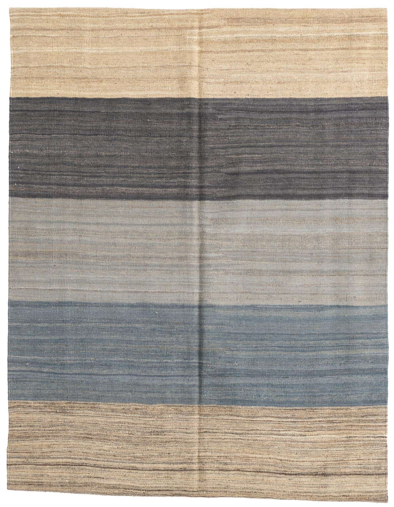 A 4'6" x 4'8" square flatweave wool rug with horizontal stripes in natural beige, charcoal, light gray, and muted blue.