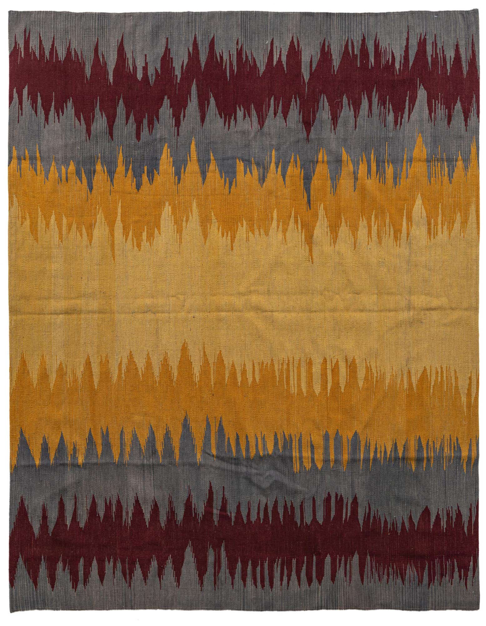 A 7' 1 x 7' 1 square Kilim Modern wool rug featuring a vibrant, multi-colored tribal abstract pattern with horizontal bands of red, gold, and gray.
