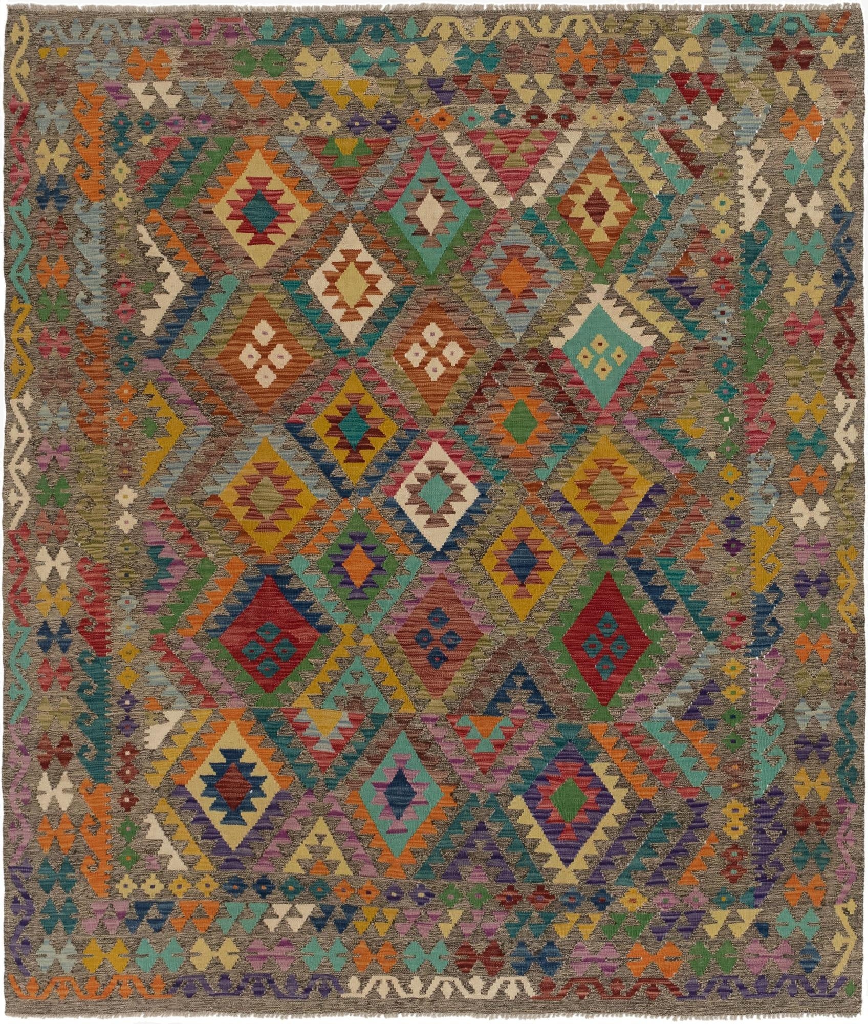  6' 10 x 8'  Hand Woven Kilim Modern Wool Square Rug
