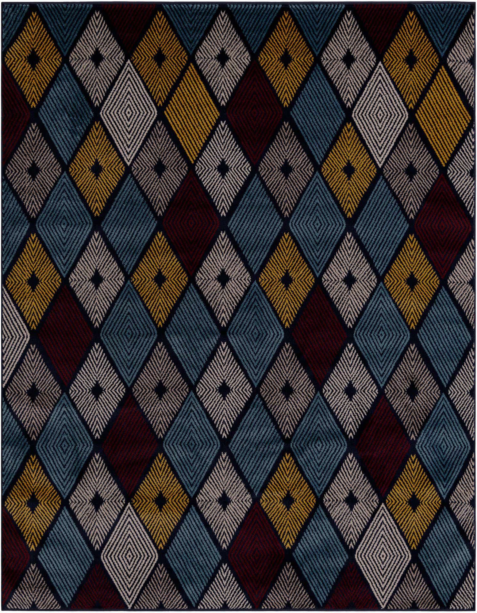 A 7' 10 x 7' 10 square multi-colored modern trellis rug with a thin pile, featuring a pattern of diamonds in shades of blue, gold, cream, and burgundy on a dark background.