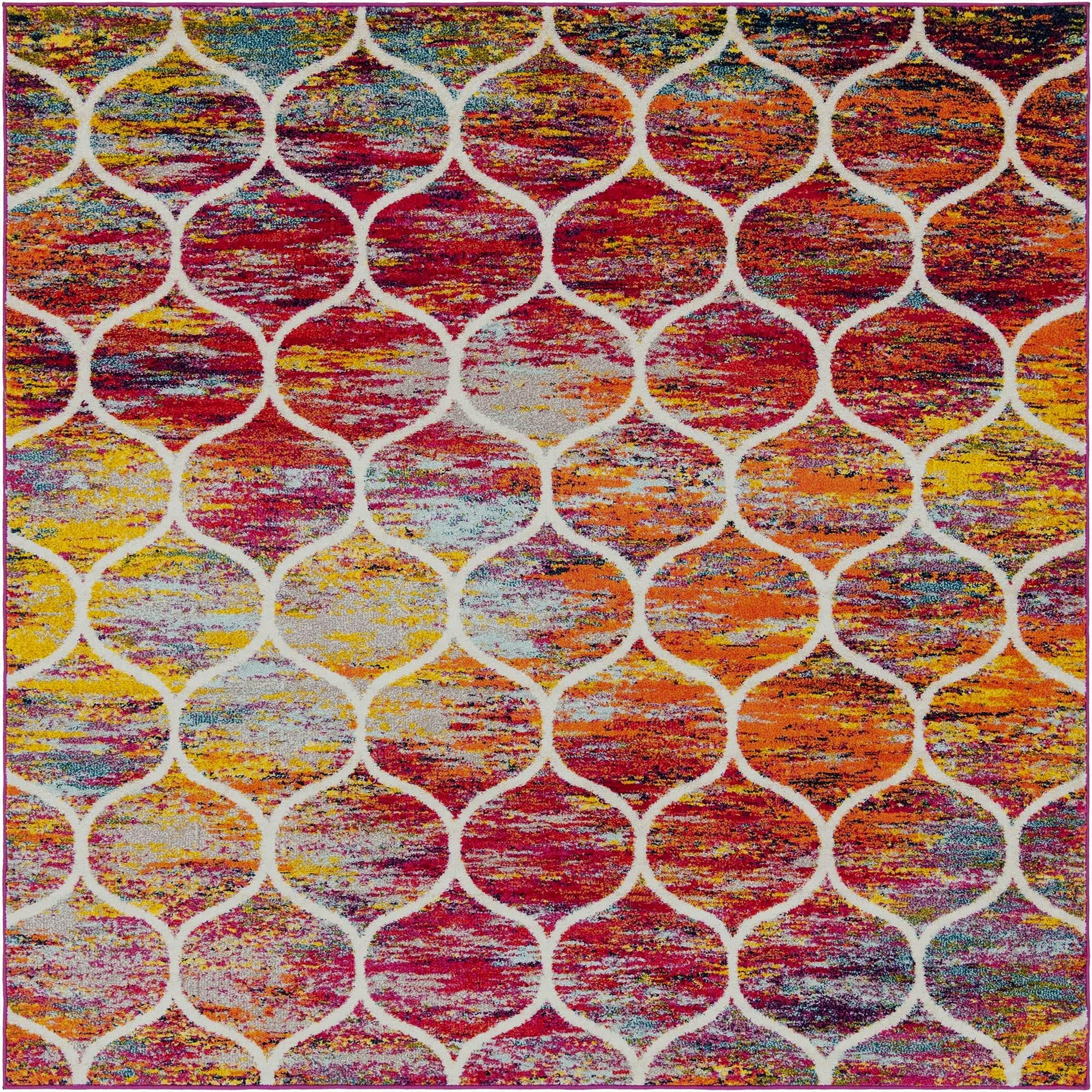 A vibrant multi-colored square rug featuring a modern white trellis pattern over a distressed abstract background.