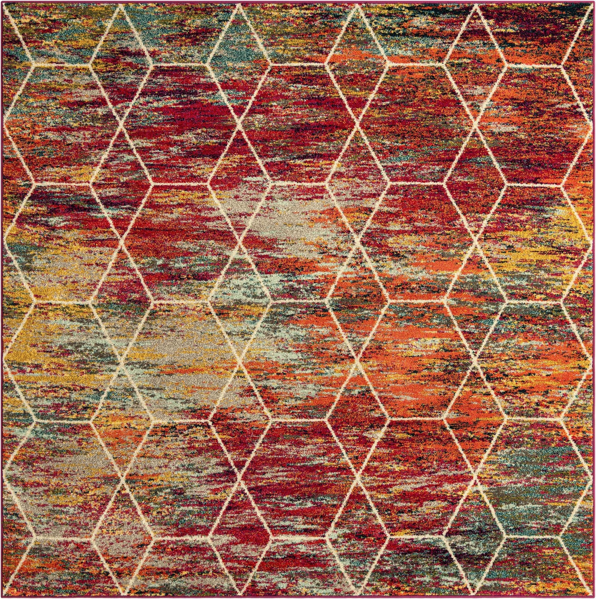 A multi-colored square area rug with a modern trellis pattern, featuring shades of red, orange, yellow, and blue.