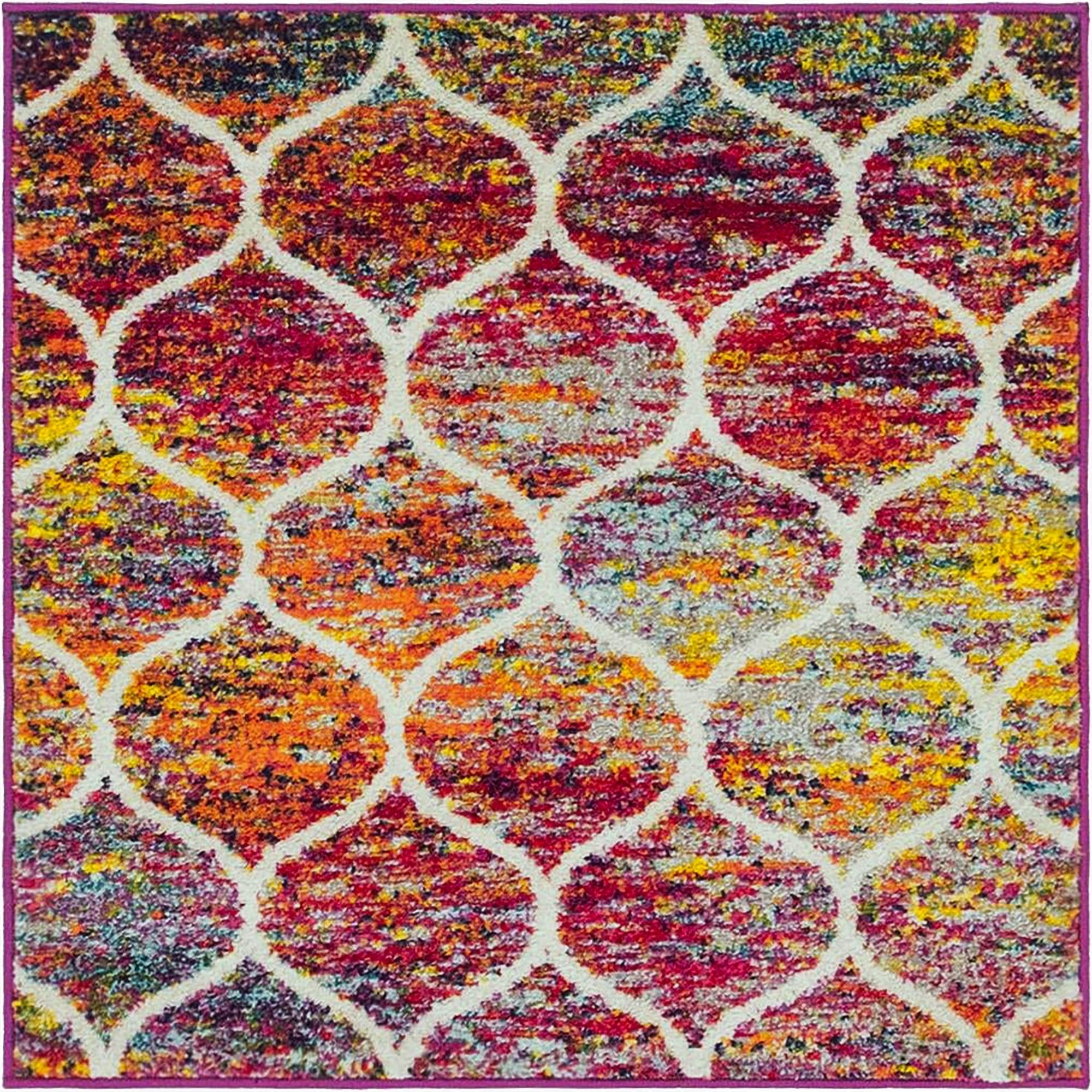 A vibrant multi-colored square rug with a modern white trellis pattern, featuring shades of red, orange, yellow, and blue.