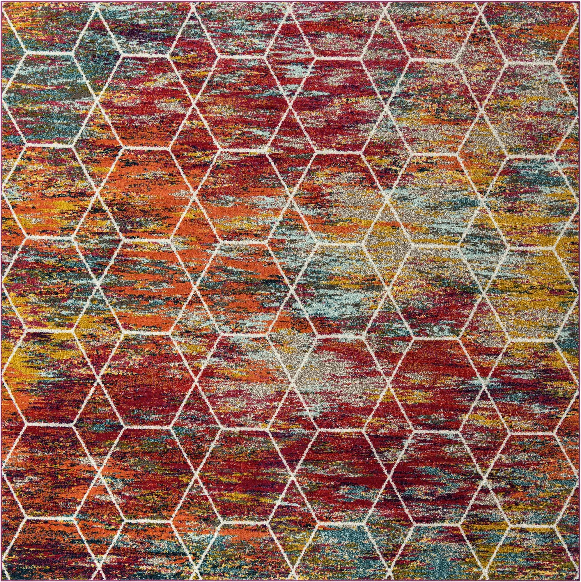 A 10'x10' square multi-colored contemporary rug with an abstract distressed background and a white geometric trellis pattern.