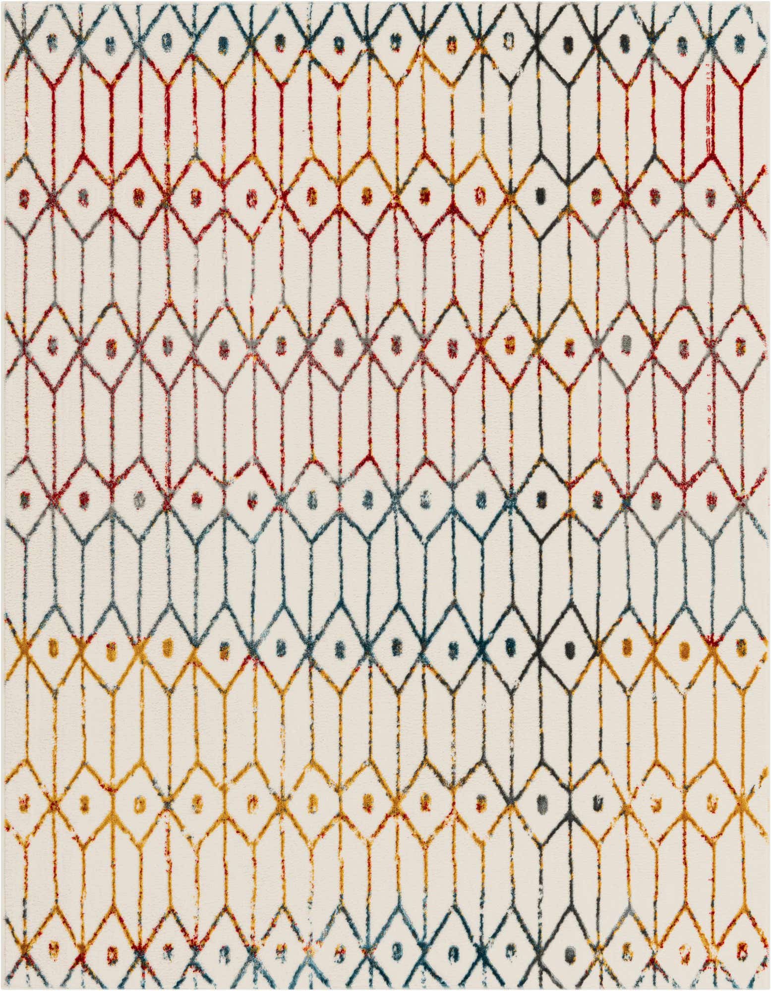 A 5' 3" x 5' 3" square multi-colored rug with a modern lattice trellis pattern in red, blue, and gold on a white background.