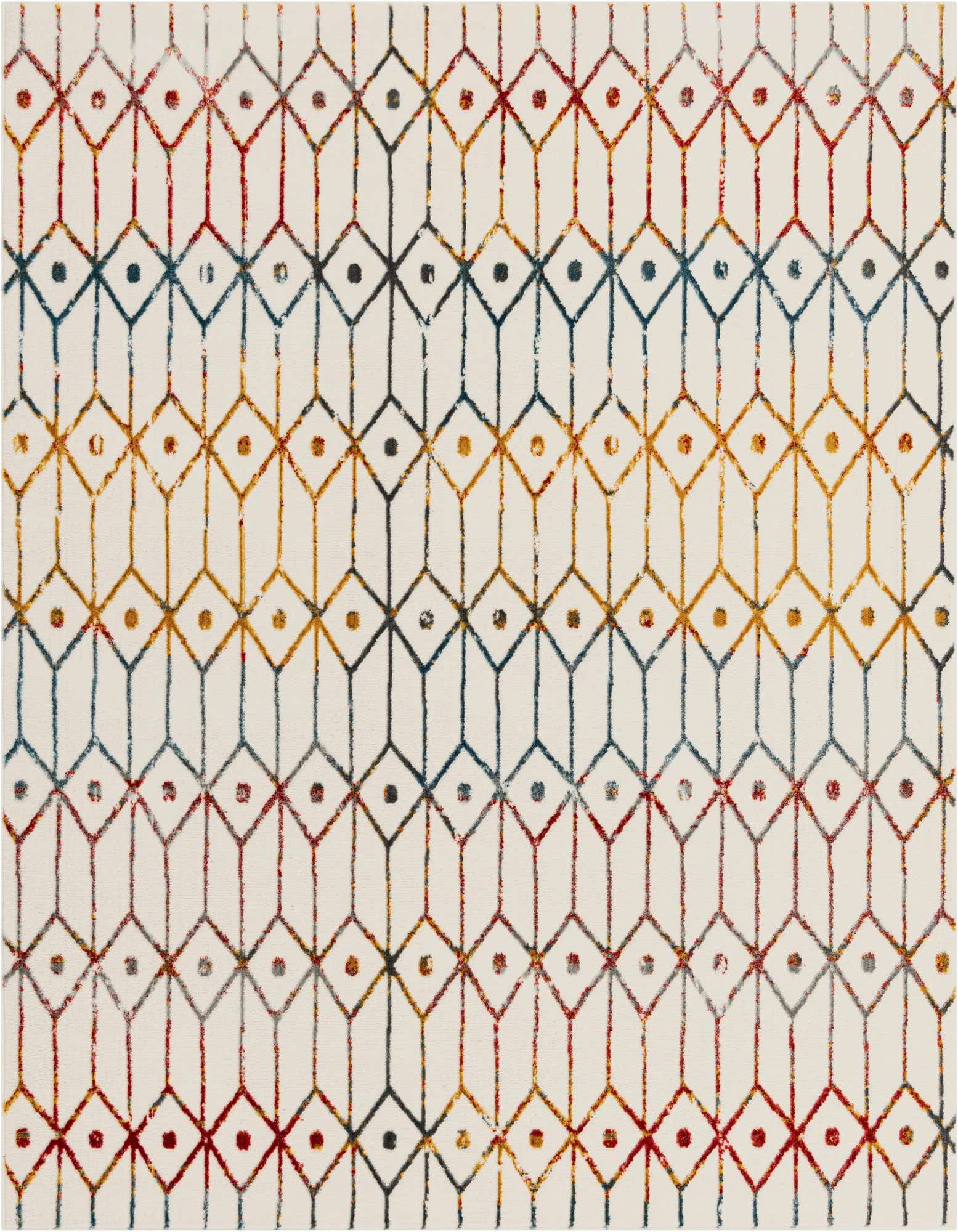 A 7' 0 x 7' 0 square multi-colored rug with a modern coastal geometric lattice trellis pattern on a white background.