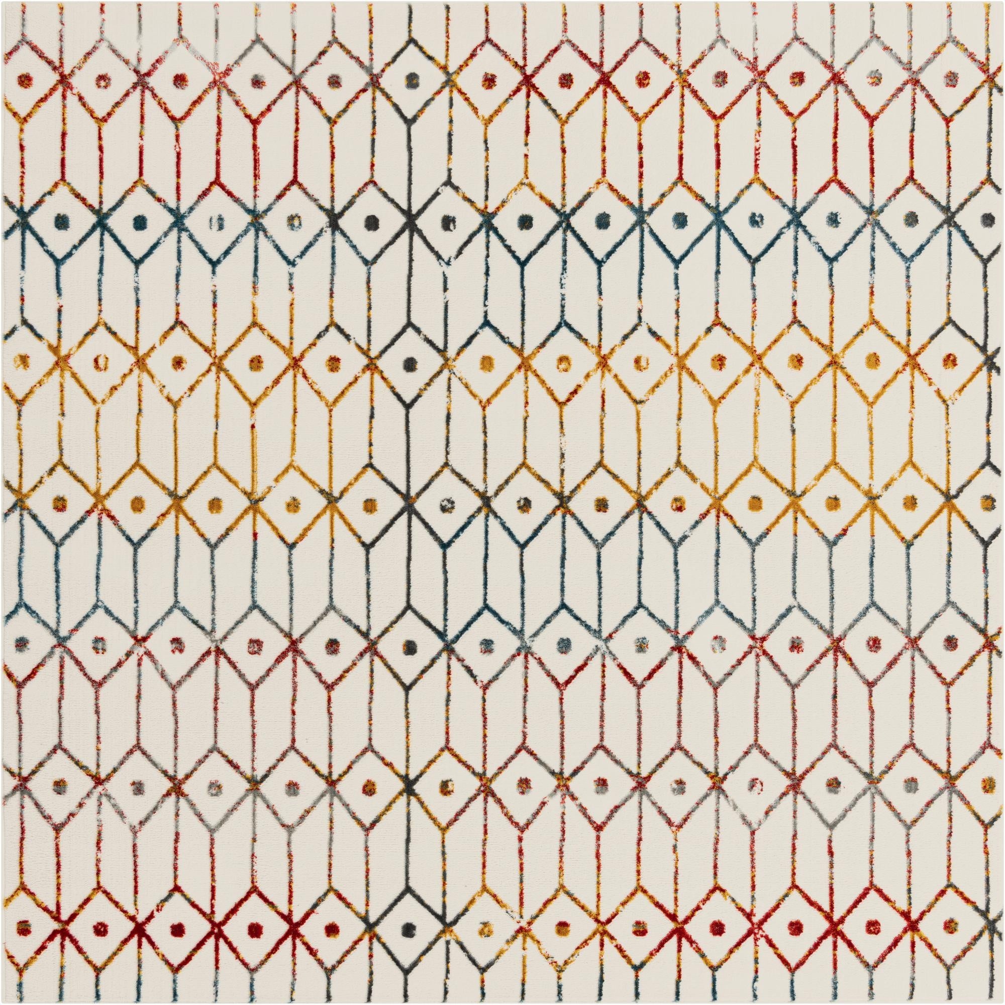 A 7' 0 x 7' 0 square multi-colored rug with a modern coastal geometric lattice trellis pattern on a white background.