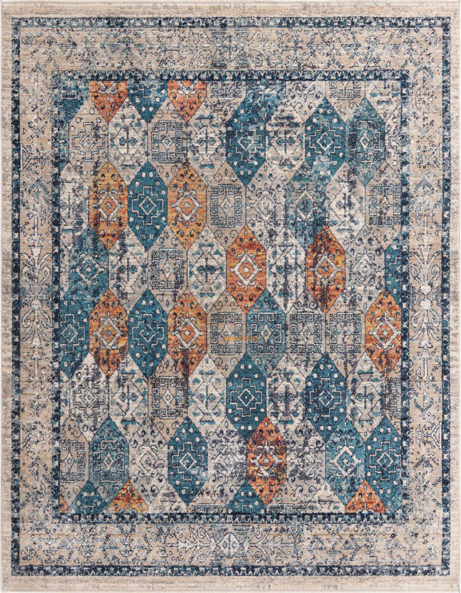 A 7' 10 x 7' 10 square multi-colored traditional rug with a distressed vintage pattern in blues, oranges, and beige.