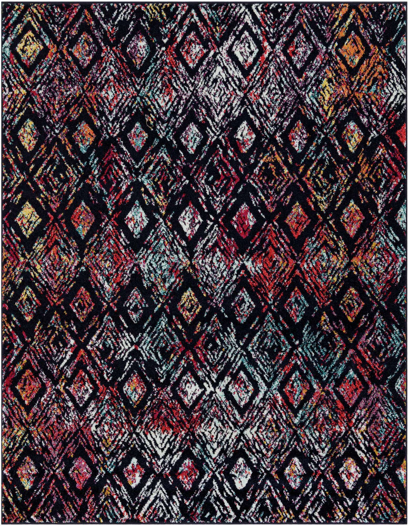 A 7' 10 x 7' 10 square multi-colored modern rug with a distressed geometric diamond pattern on a dark background.