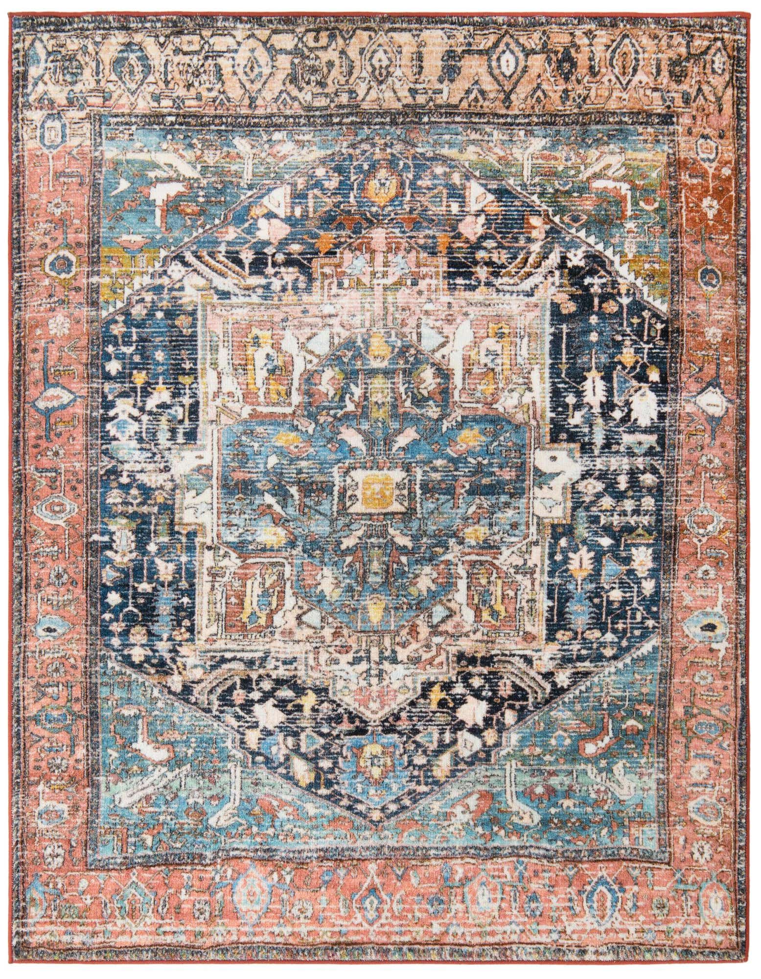 A multi-colored square rug featuring a distressed traditional medallion and tribal pattern in shades of blue, orange, and cream.
