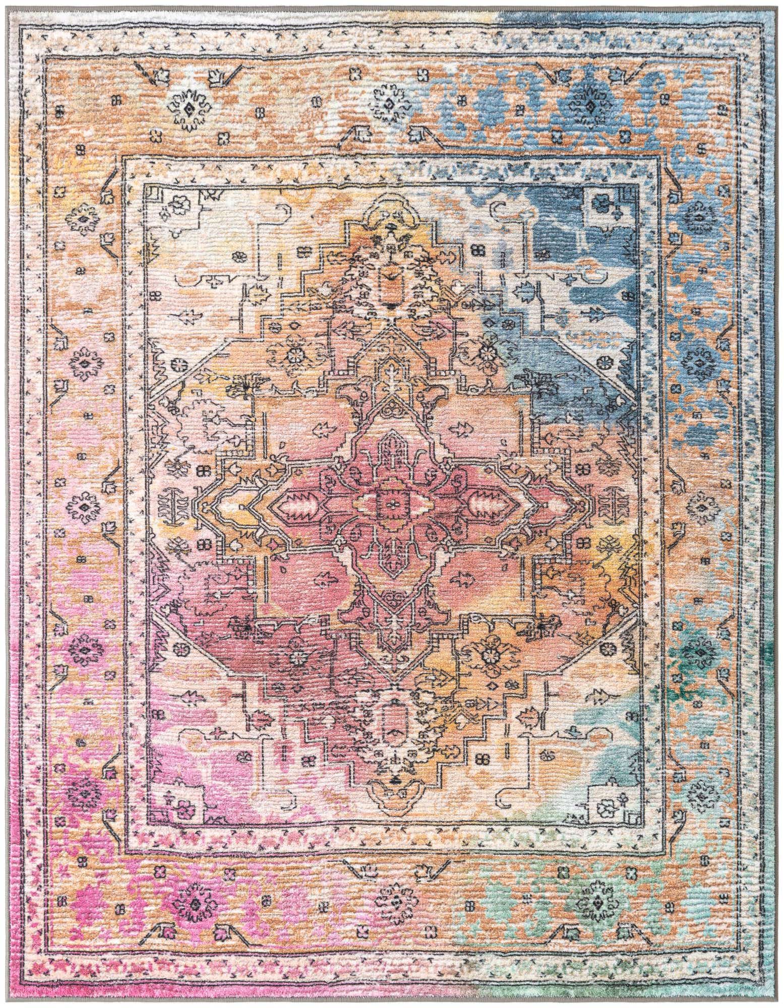 A square multi-colored rug with a distressed traditional pattern in shades of pink, orange, blue, and green.